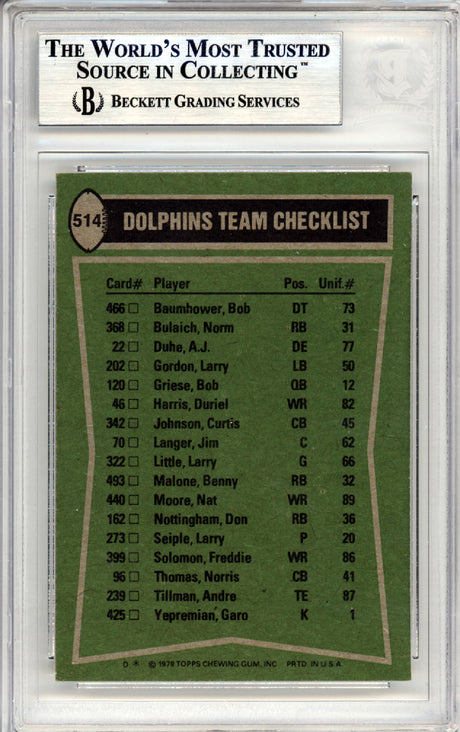 Joe Robbie Autographed 1978 Topps Card #514 Miami Dolphins Team Owner Beckett BAS #10379052