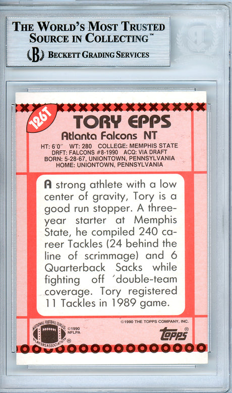 Tory Epps Autographed 1990 Topps Rookie Card #126T Atlanta Falcons Beckett BAS #10540648