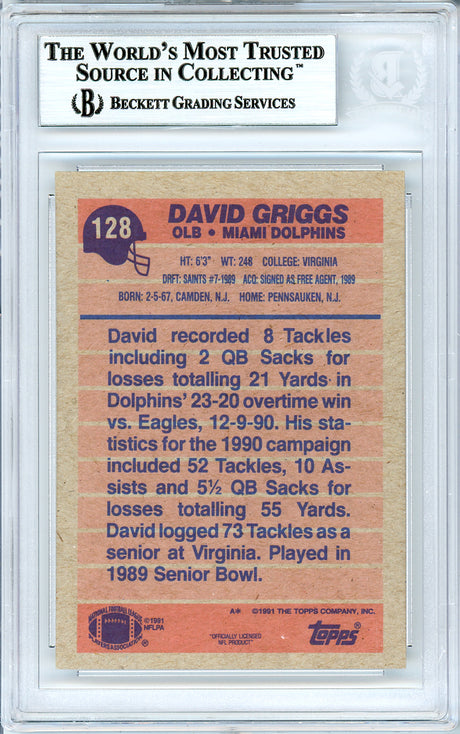 David Griggs Autographed 1991 Topps Rookie Card #128 Miami Dolphins Beckett BAS #10739393
