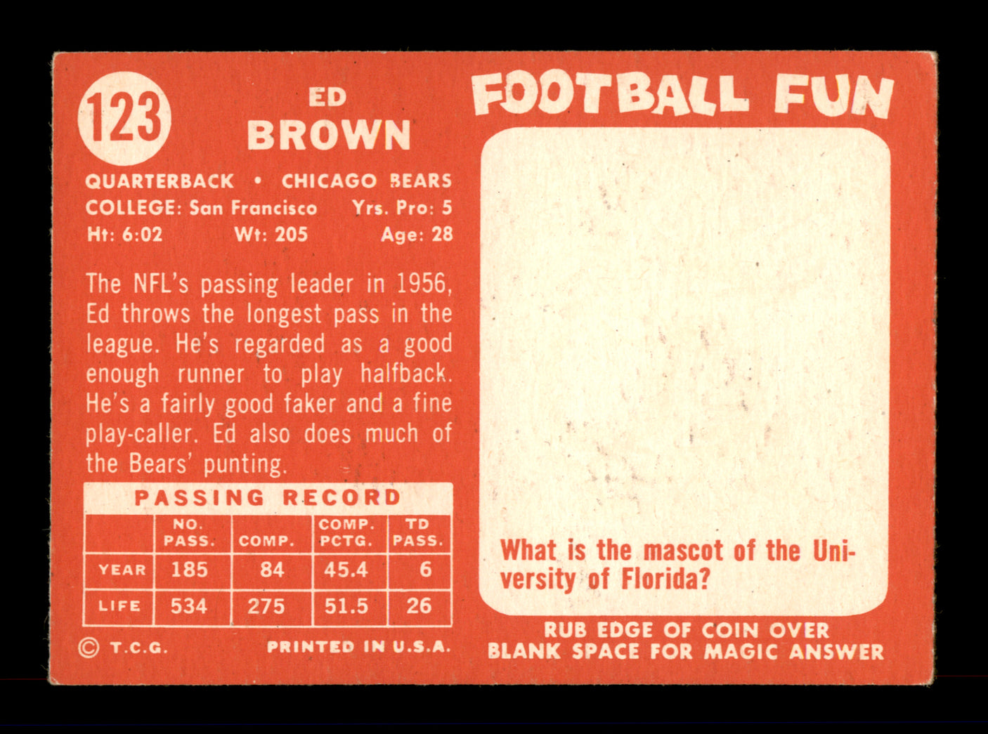 Ed Brown Autographed 1958 Topps Card #123 Chicago Bears SKU #198150