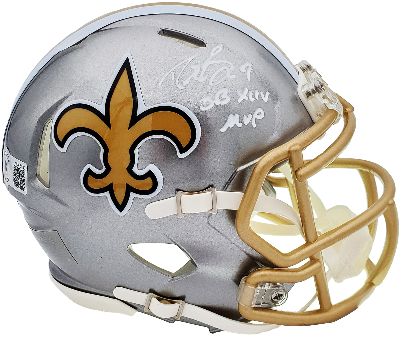 Drew Brees Autographed New Orleans Saints Flash Silver Speed Mini Helmet "SB XLIV MVP" Beckett BAS QR Stock #197458