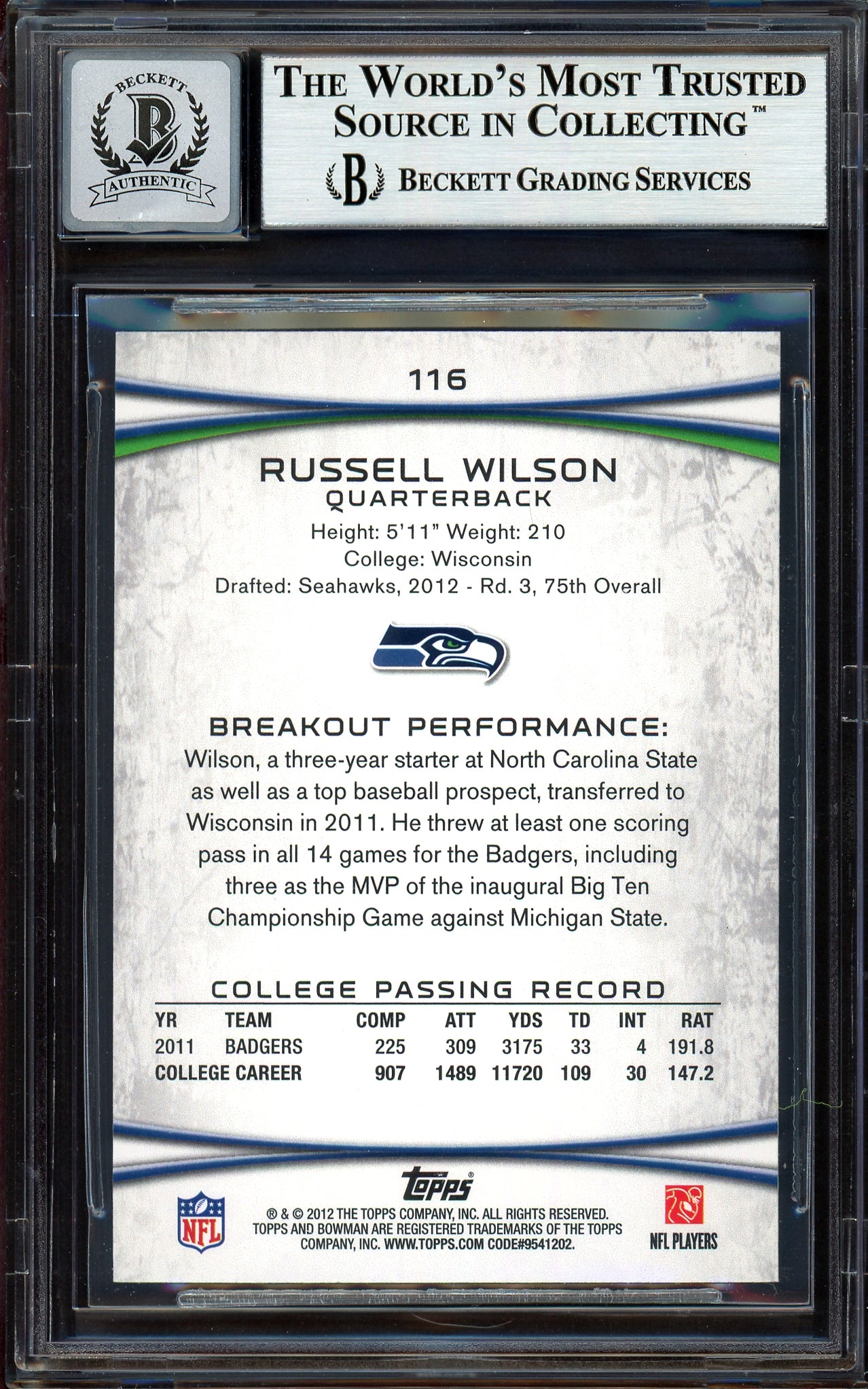 Russell Wilson Autographed 2012 Bowman Rookie Card #116 Seattle Seahawks Auto Grade Gem Mint 10 Beckett BAS #13315342