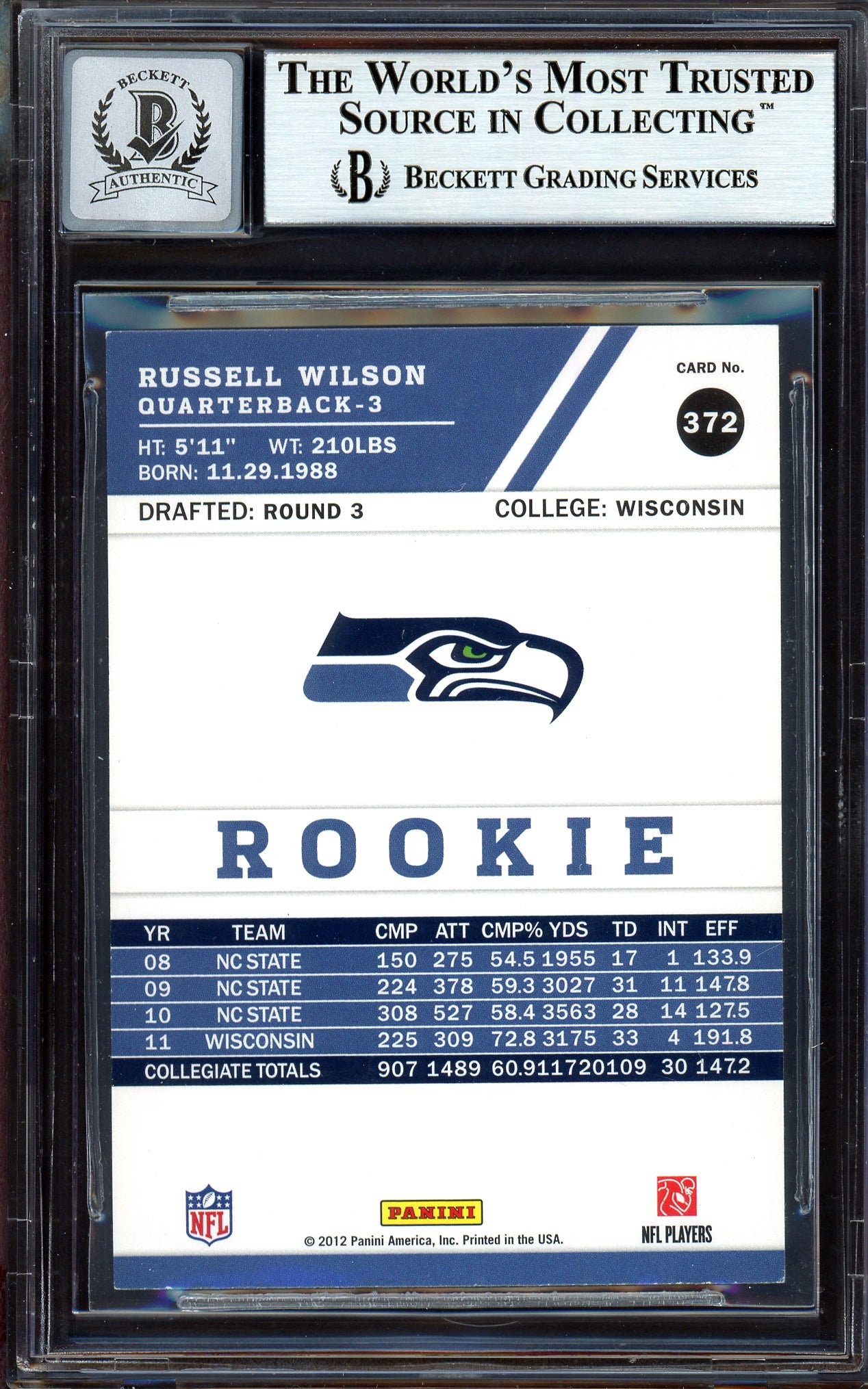 Russell Wilson Autographed 2012 Score Rookie Card #372 Seattle Seahawks Auto Grade Gem Mint 10 Beckett BAS #13315358