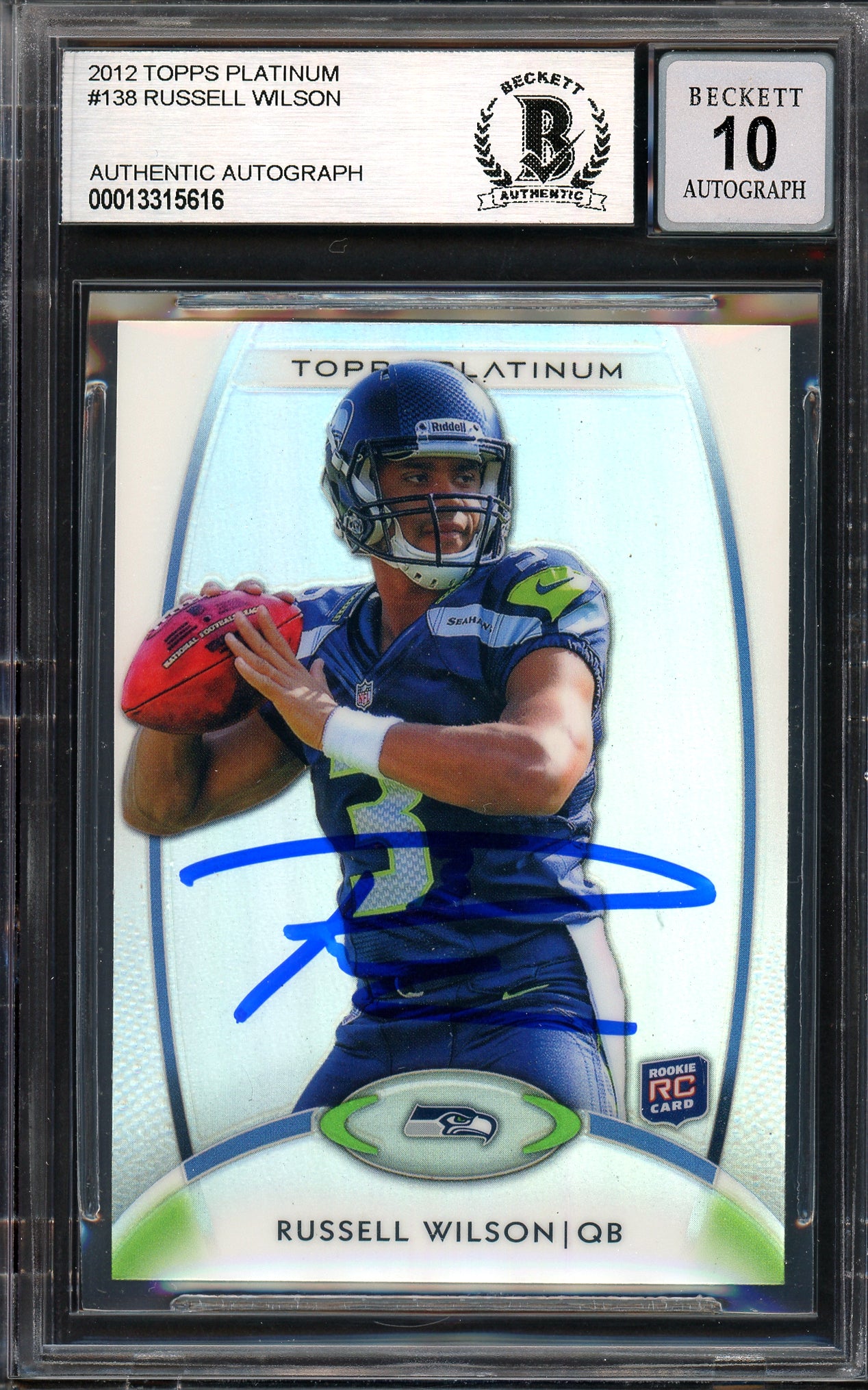 Russell Wilson Autographed 2012 Topps Platinum Rookie Card #138 Seattle Seahawks Auto Grade Gem Mint 10 Beckett BAS #13315616