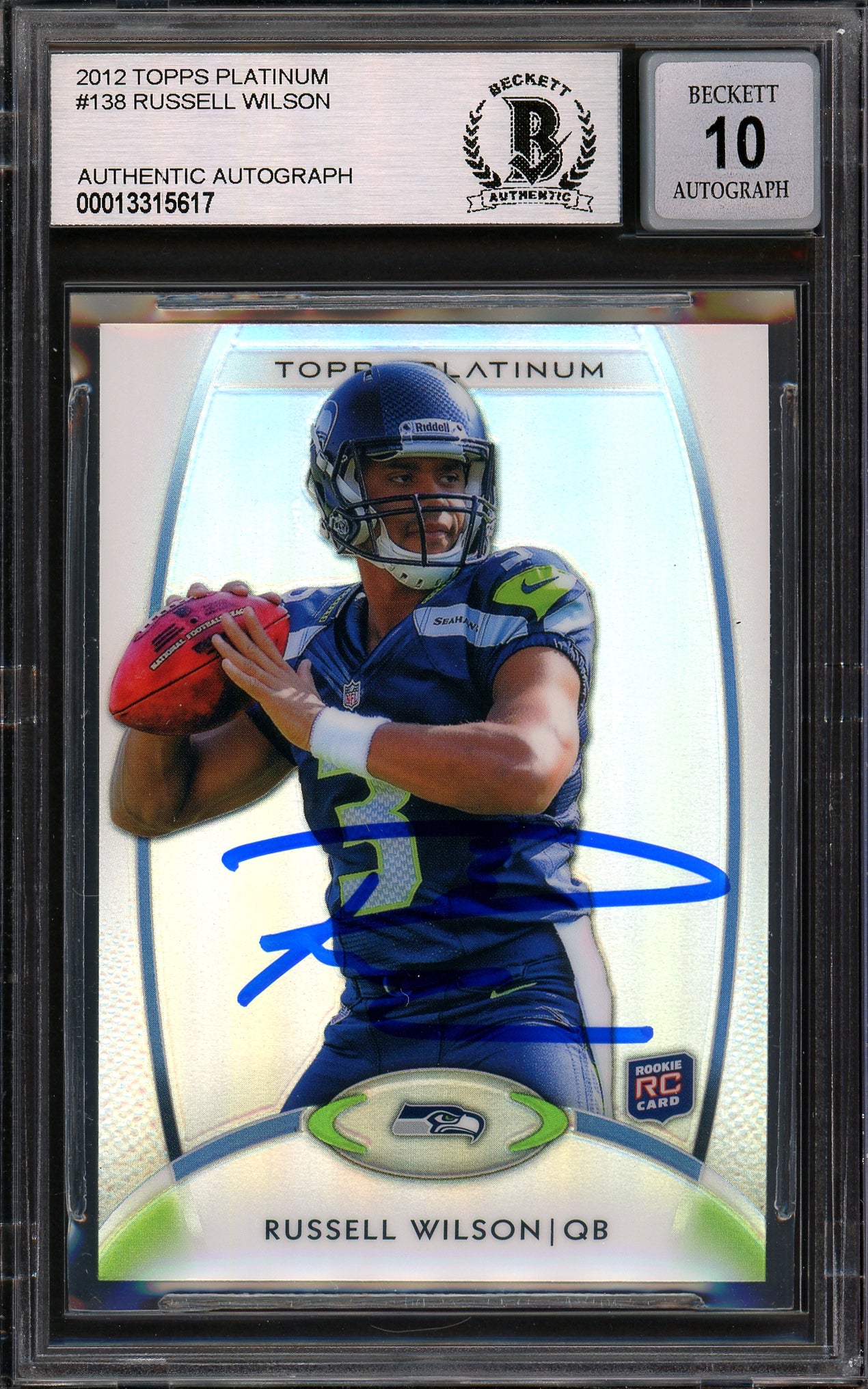 Russell Wilson Autographed 2012 Topps Platinum Rookie Card #138 Seattle Seahawks Auto Grade Gem Mint 10 Beckett BAS #13315617