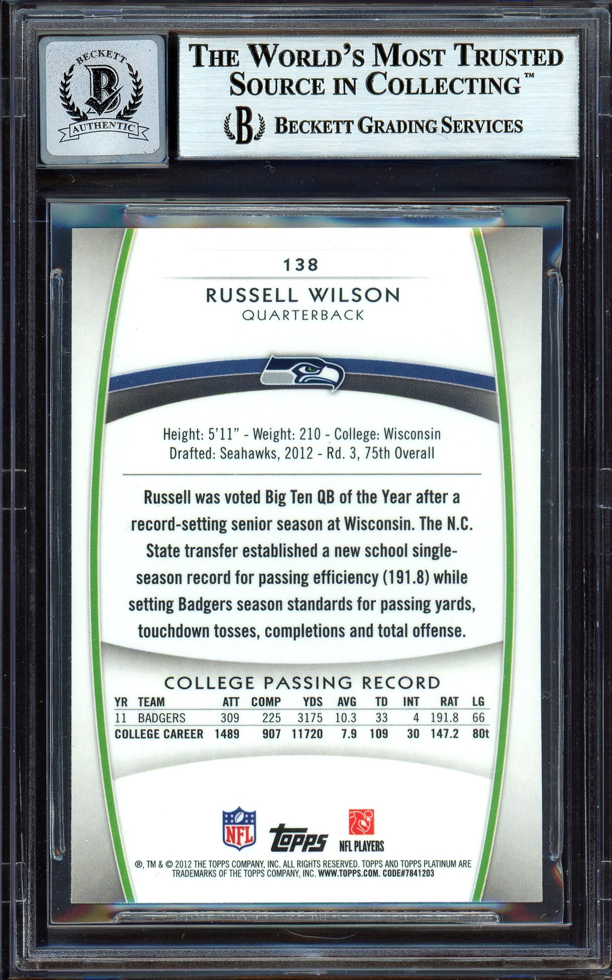 Russell Wilson Autographed 2012 Topps Platinum Rookie Card #138 Seattle Seahawks Auto Grade Gem Mint 10 Beckett BAS #13315617