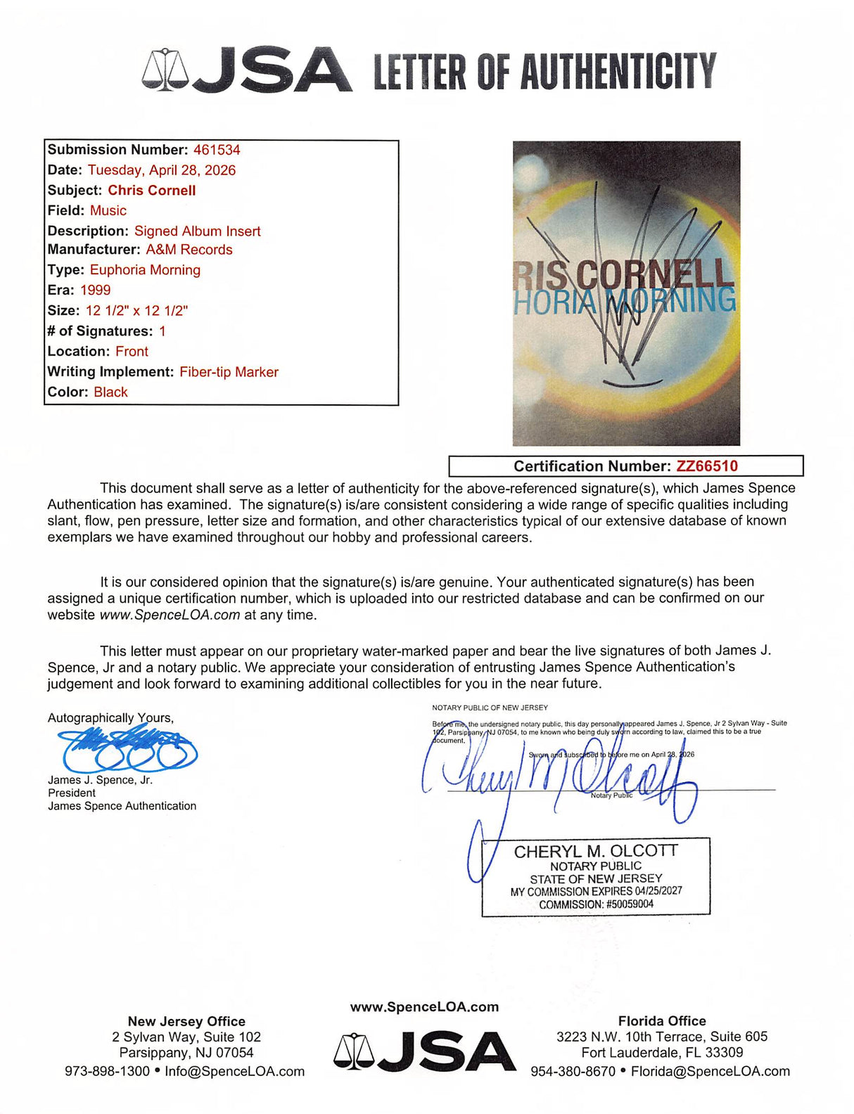 Chris Cornell Authentic Signed Euphoria Morning Album Flat JSA #ZZ66510