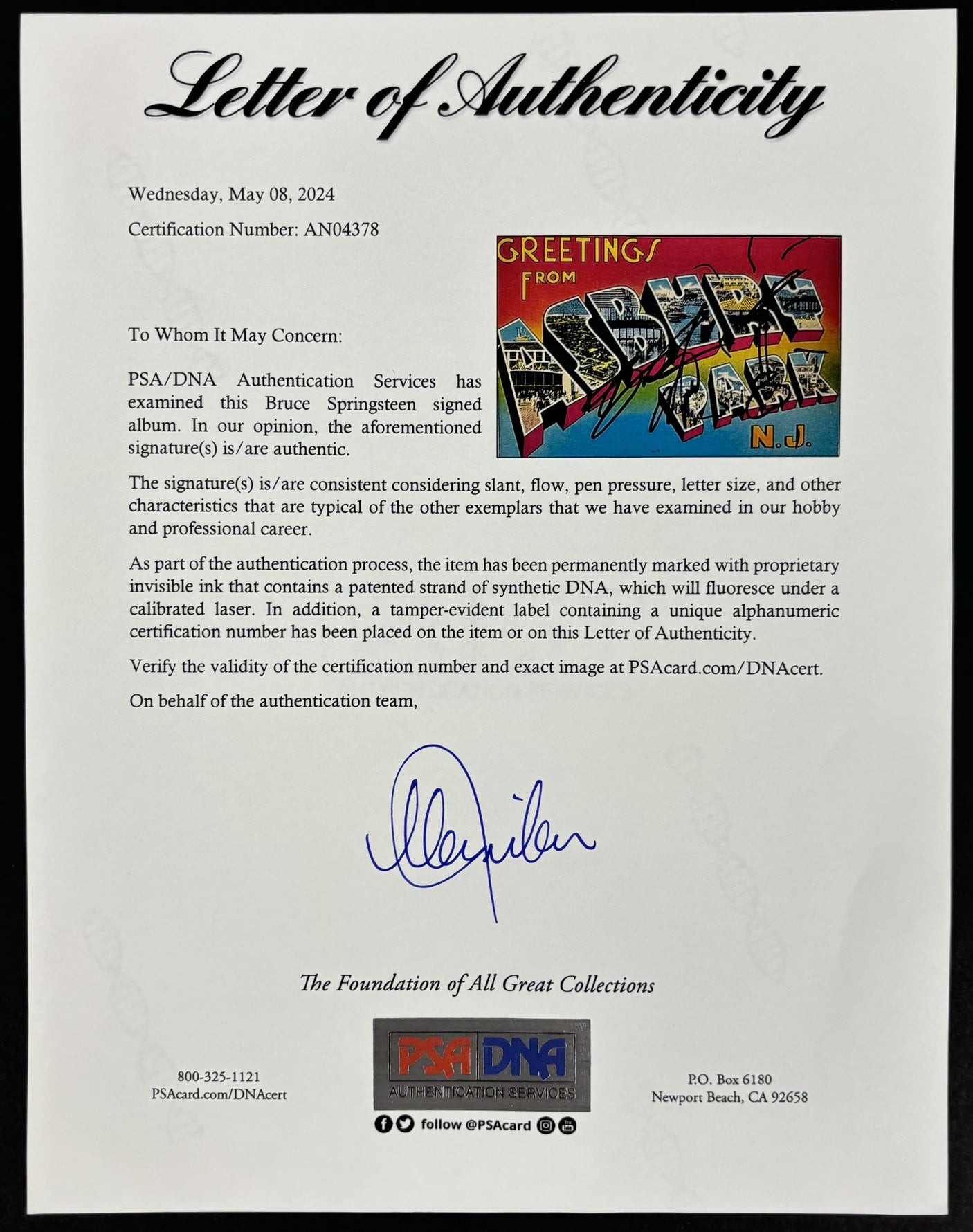 Bruce Springsteen Signed Asbury Park Album Cover W/ Vinyl w/ Guitar Sketch PSA