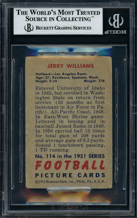 Jerry Williams Autographed 1951 Bowman Rookie Card #114 Los Angeles Rams Beckett BAS #11076653