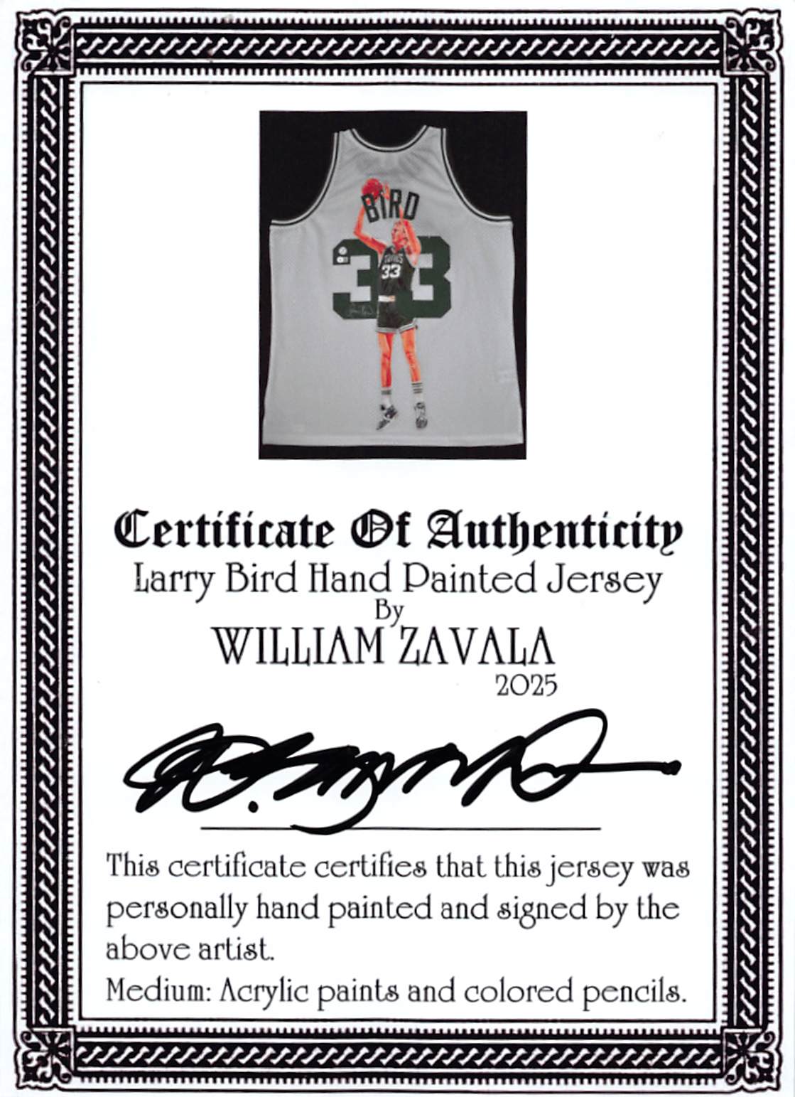 Larry Bird Signed Hand Painted LE 1/1 By William Zavala Framed Jersey BAS Wit