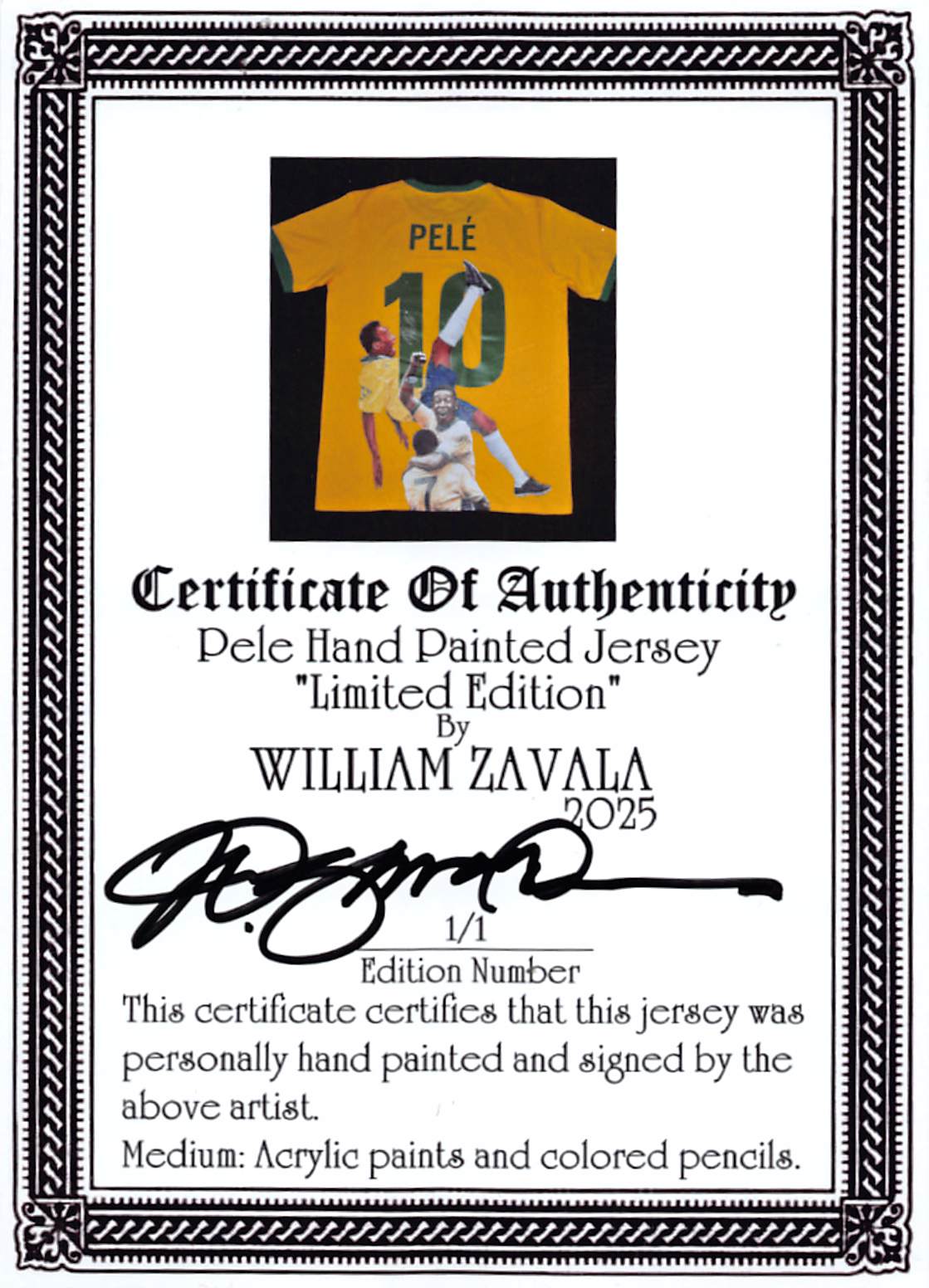 Brazil Pele Signed Hand Painted LE 1/1 By William Zavala Framed Jersey BAS COA