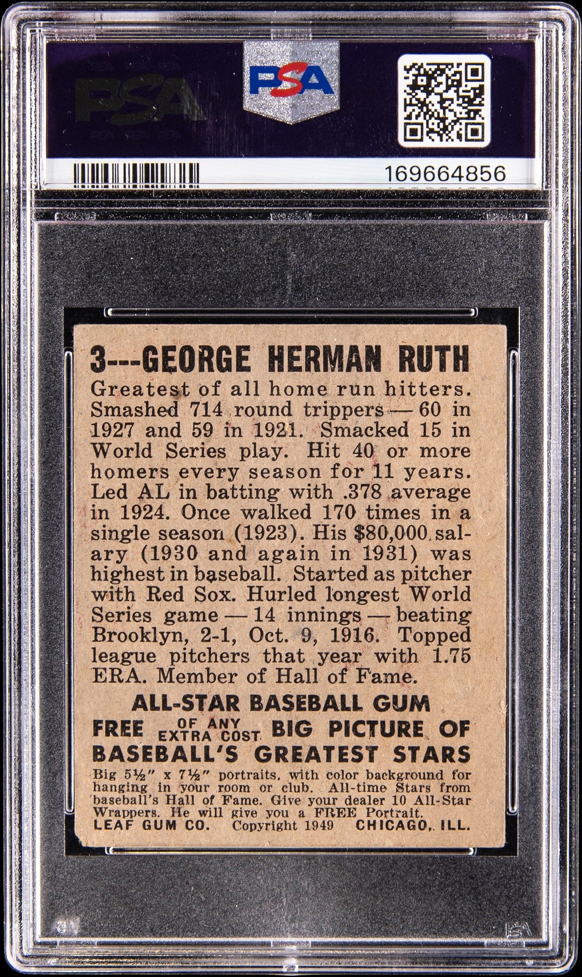 1948 Leaf Babe Ruth #3 New York Yankees HOF Baseball Card PSA 3 VG