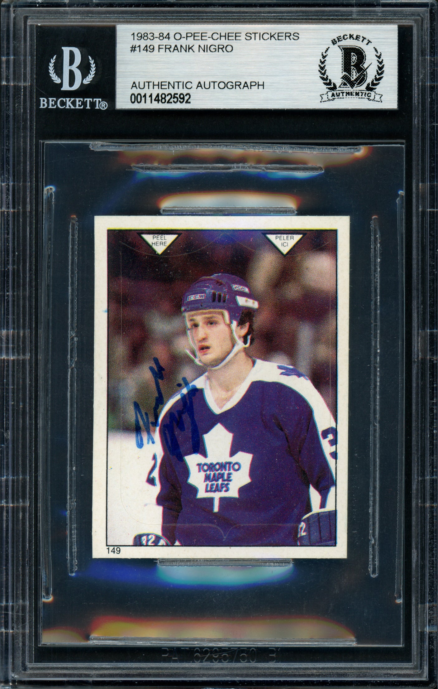 Frank Nigro Autographed 1983-84 O-Pee-Chee Sticker Card #149 Toronto Maple Leafs Beckett BAS #11482592