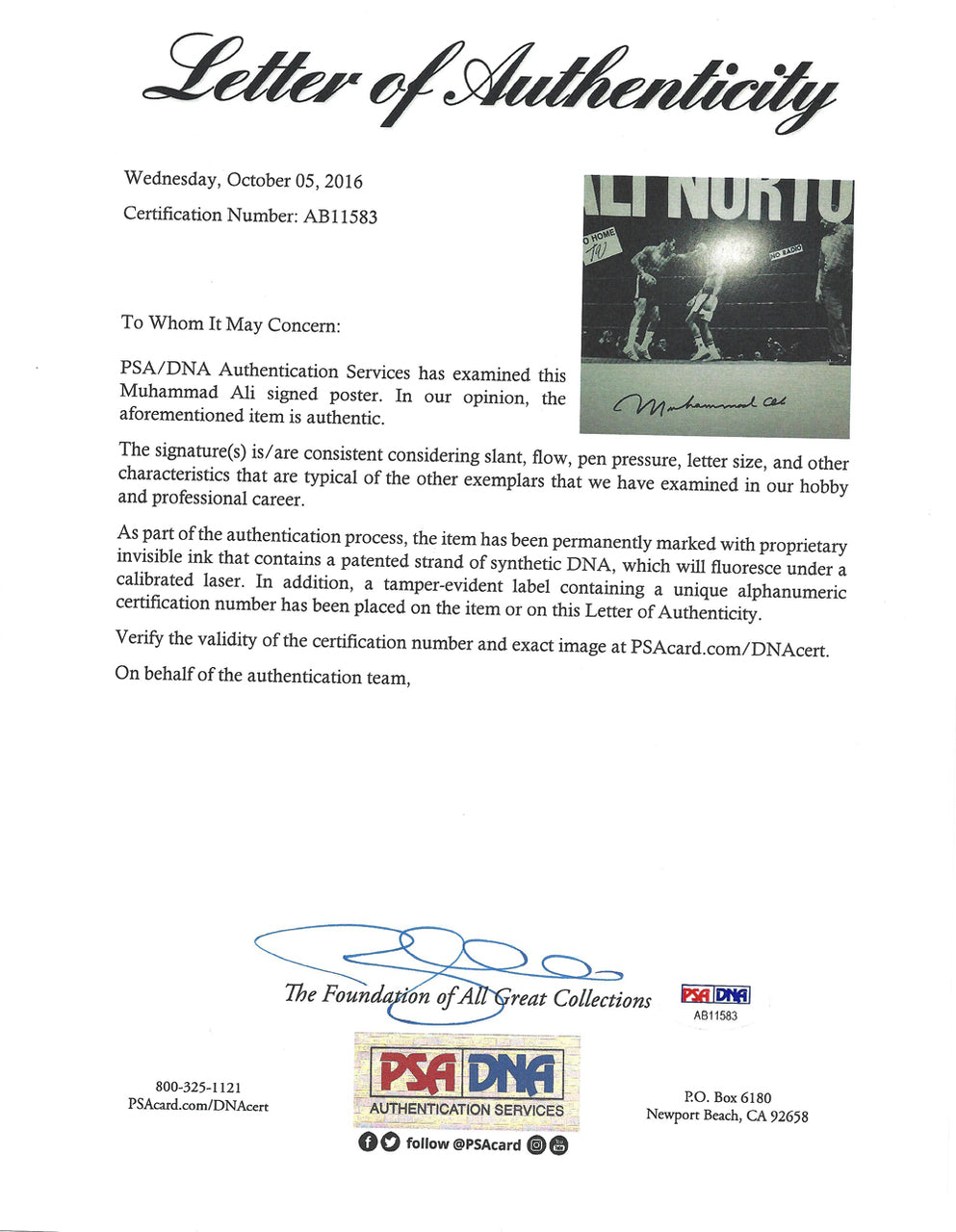 Muhammad Ali Autographed 15x19 Fight Poster Photo PSA/DNA #AB11583