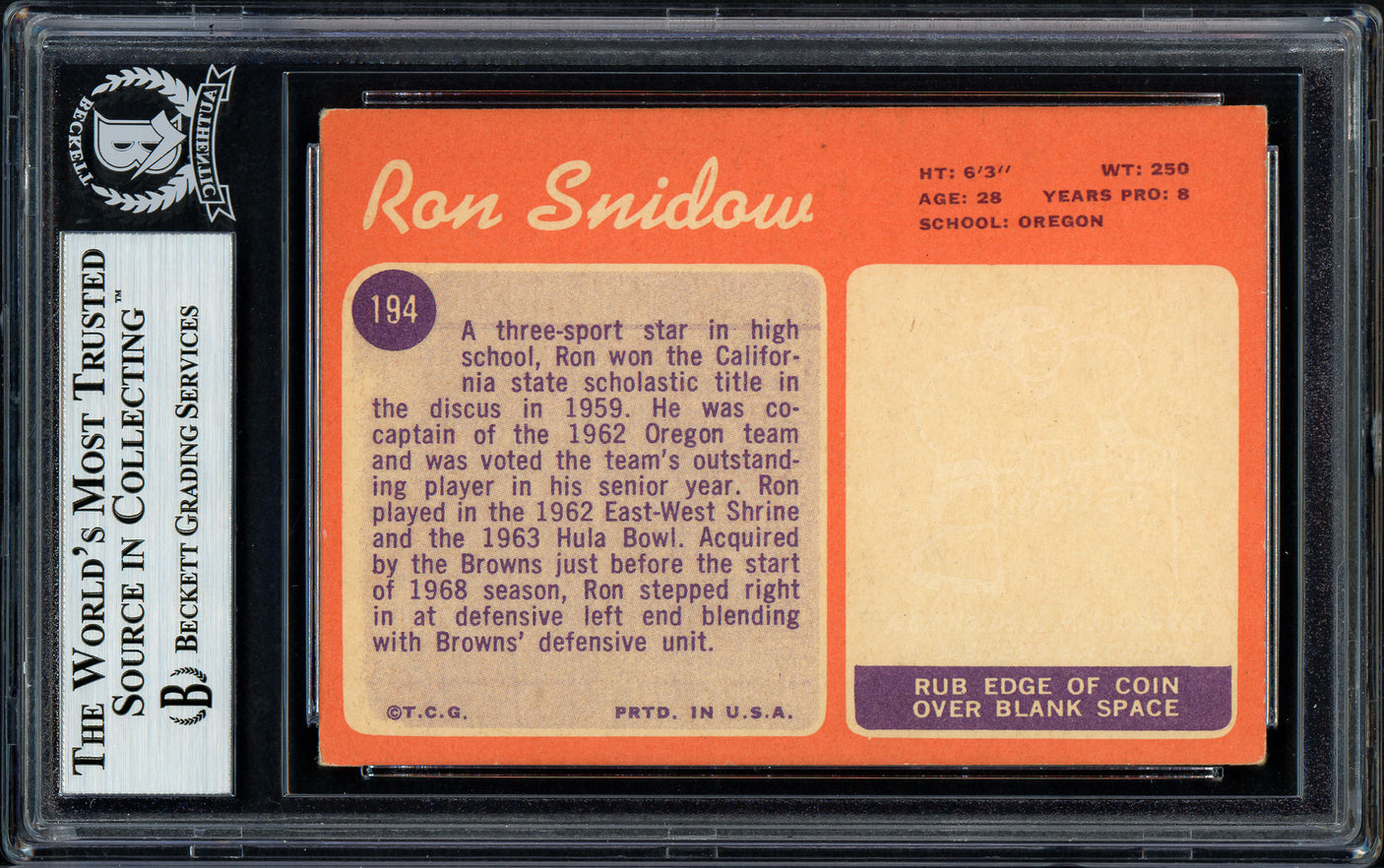 Ron Snidow Autographed 1970 Topps Rookie Card #194 Cleveland Browns Beckett BAS #11627950