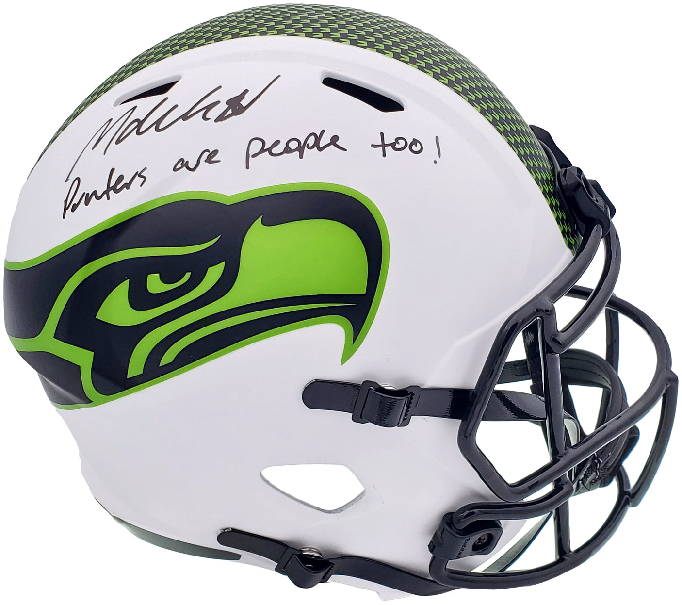 Michael Dickson Autographed Seattle Seahawks Lunar Eclipse White Full Size Replica Speed Helmet "Punters Are People Too" MCS Holo Stock #200259
