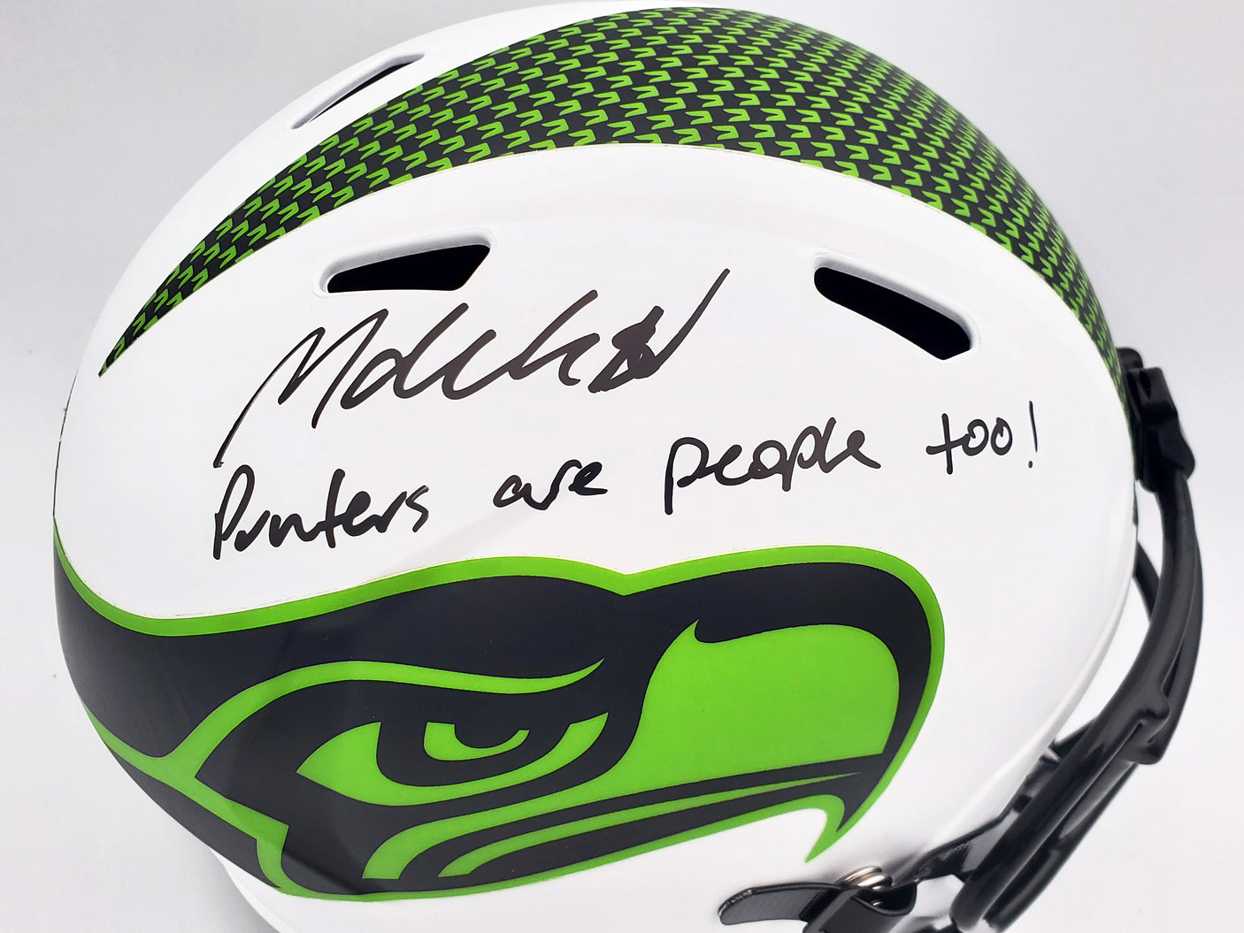 Michael Dickson Autographed Seattle Seahawks Lunar Eclipse White Full Size Replica Speed Helmet "Punters Are People Too" MCS Holo Stock #200259