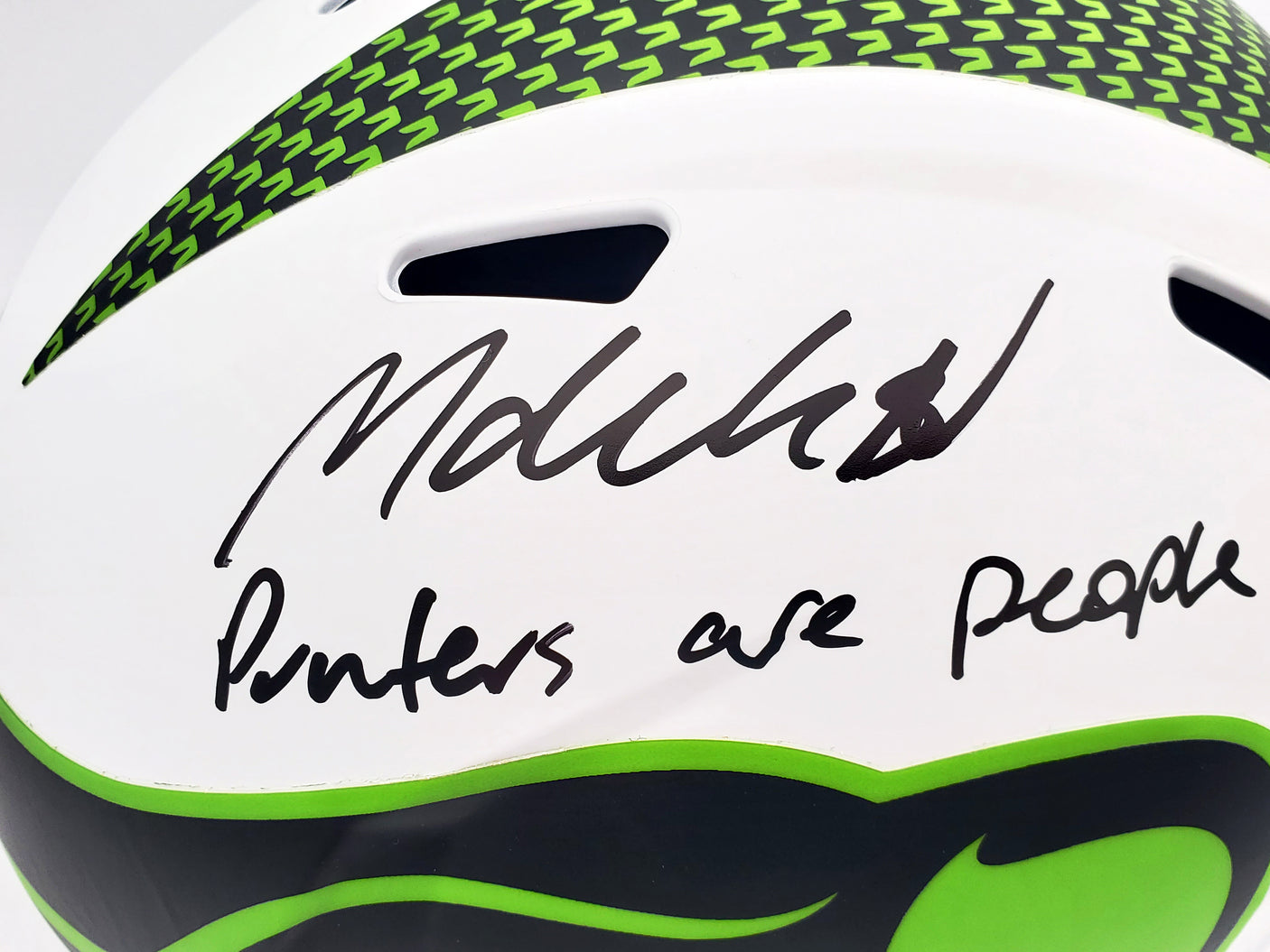Michael Dickson Autographed Seattle Seahawks Lunar Eclipse White Full Size Replica Speed Helmet "Punters Are People Too" MCS Holo Stock #200259