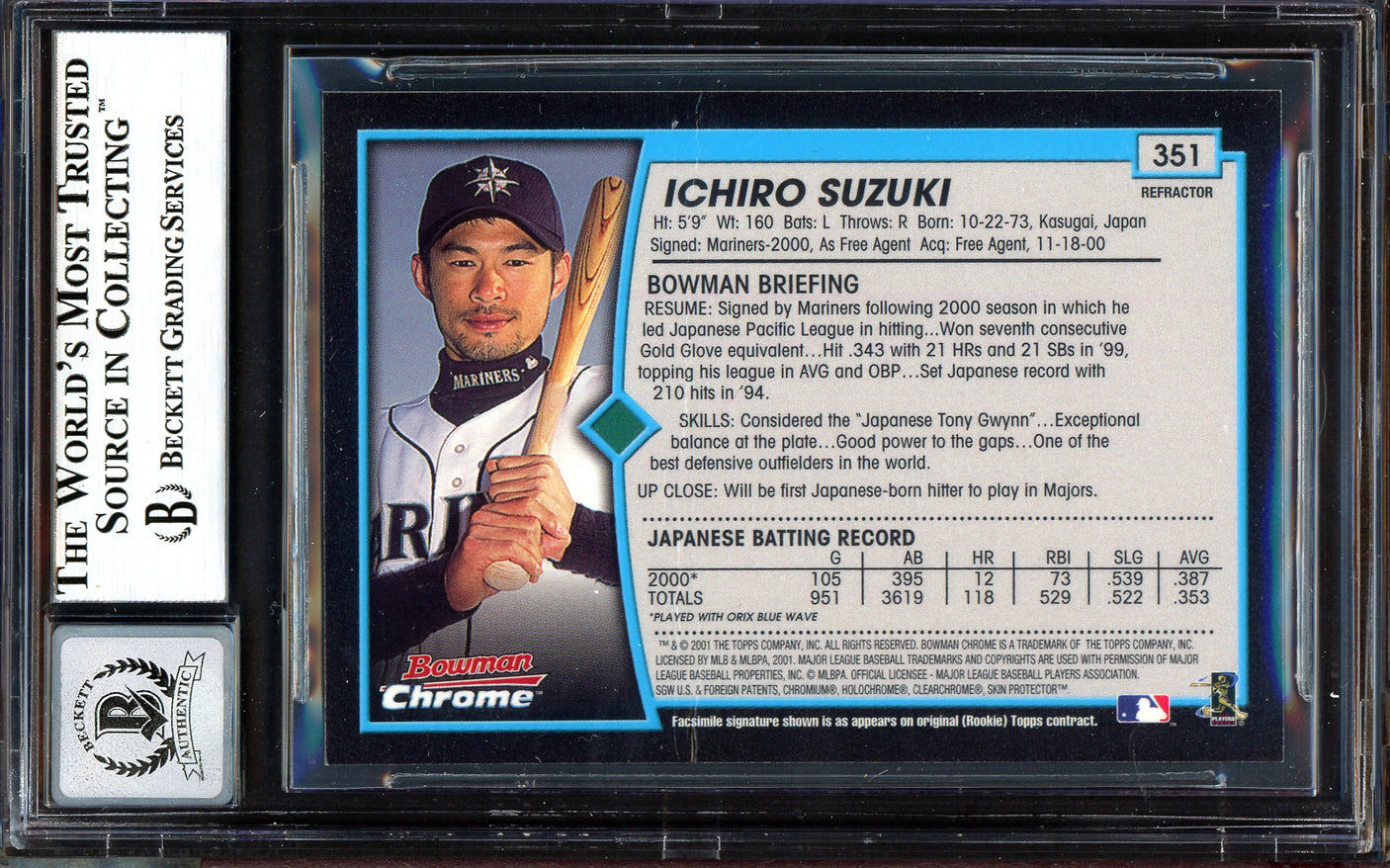 Ichiro Suzuki Autographed 2001 Bowman Chrome Refractor English Rookie Card #351 Seattle Mariners Auto Grade Gem Mint 10 "01 ROY/MVP" (Creases On Back) Beckett BAS #13604571