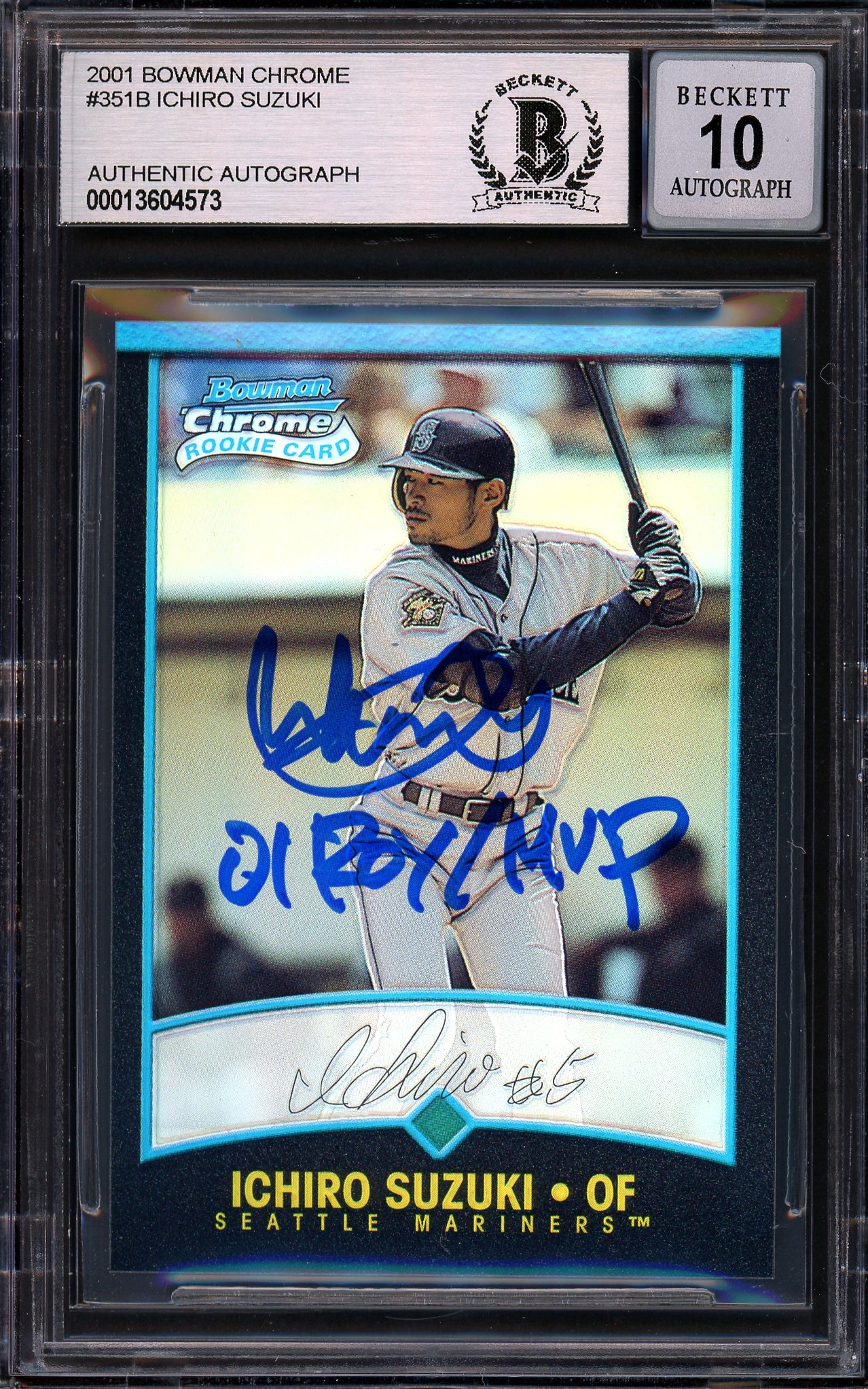 Ichiro Suzuki Autographed 2001 Bowman Chrome Refractor Japanese Rookie Card #351 Seattle Mariners Auto Grade Gem Mint 10 "01 ROY/MVP" Beckett BAS #13604573