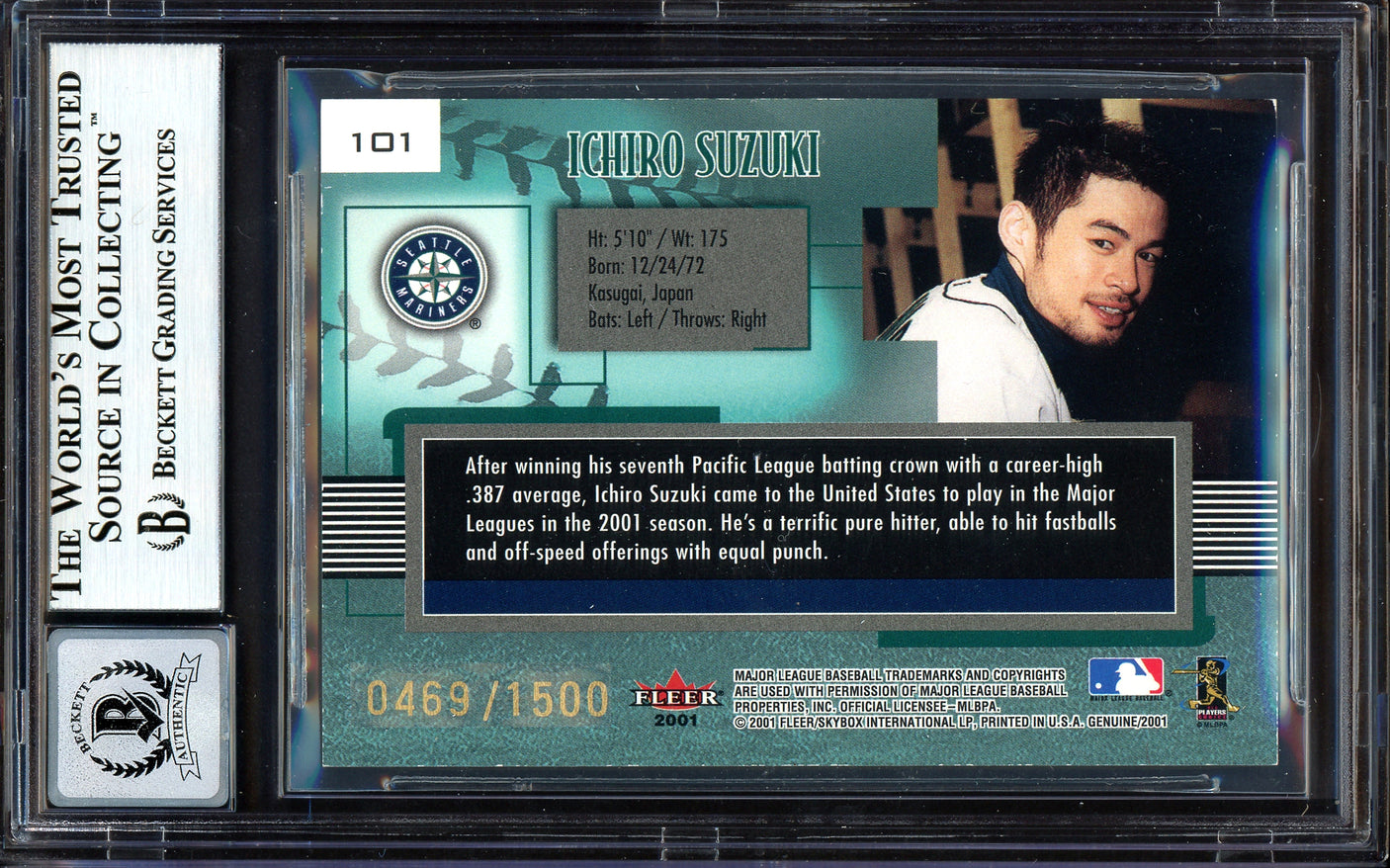 Ichiro Suzuki Autographed 2001 Fleer Genuine Rookie Card #101 Seattle Mariners Auto Grade Gem Mint 10 #469/1500 Beckett BAS #13604639