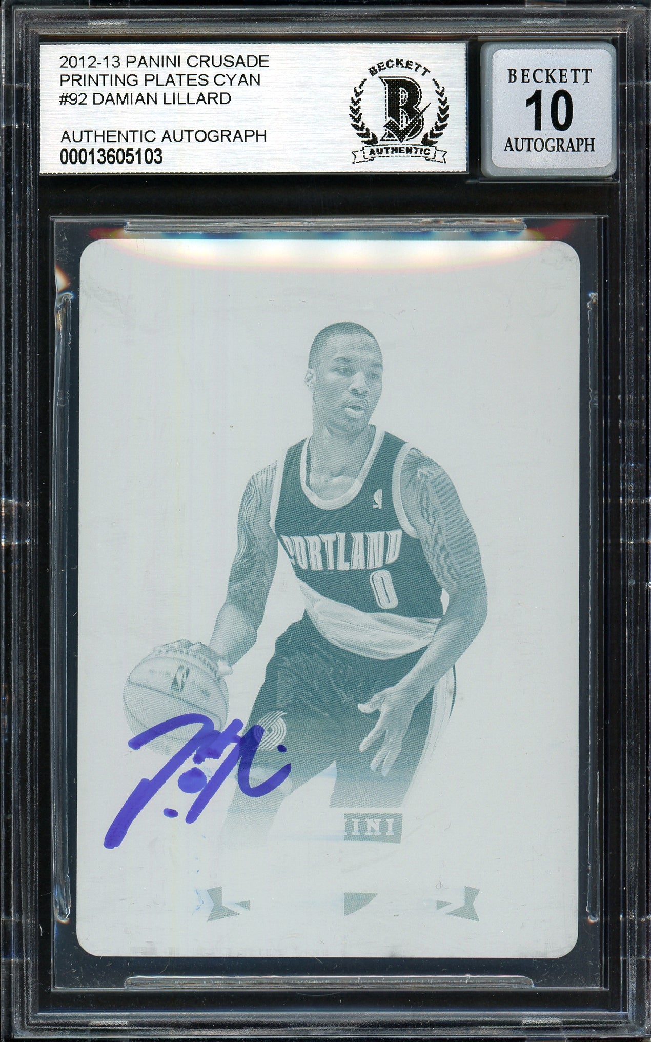 Damian Lillard Autographed 2012-13 Panini Crusade Printing Plate 1/1 Rookie Card #92 Portland Trail Blazers Auto Grade Gem Mint 10 Cyan Beckett BAS #13605103