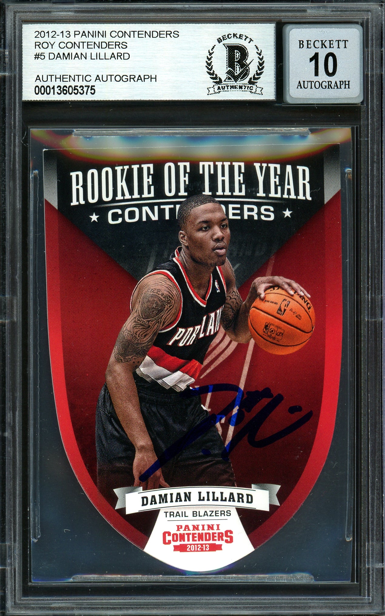 Damian Lillard Autographed 2012-13 Panini Contenders Rookie of the Year Rookie Card #5 Portland Trail Blazers Auto Grade Gem Mint 10 Beckett BAS #13605375