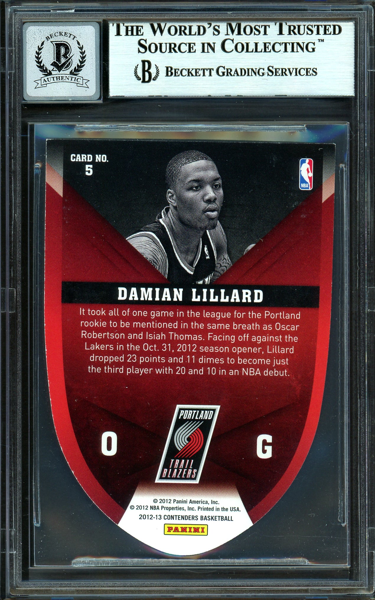 Damian Lillard Autographed 2012-13 Panini Contenders Rookie of the Year Rookie Card #5 Portland Trail Blazers Auto Grade Gem Mint 10 Beckett BAS #13605375