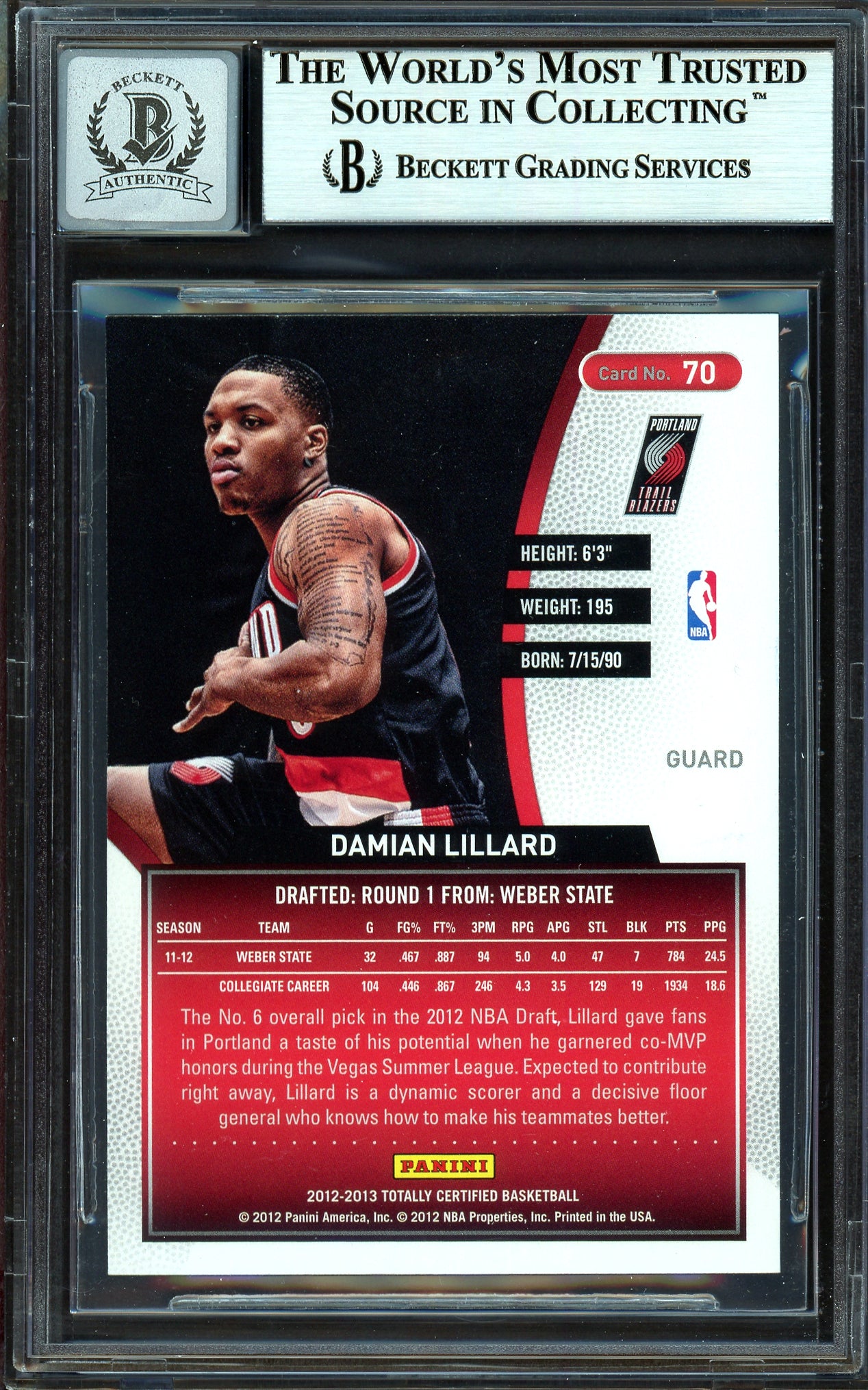 Damian Lillard Autographed 2012-13 Panini Totally Certified Rookie Card #70 Portland Trail Blazers Auto Grade Gem Mint 10 Beckett BAS #13605414