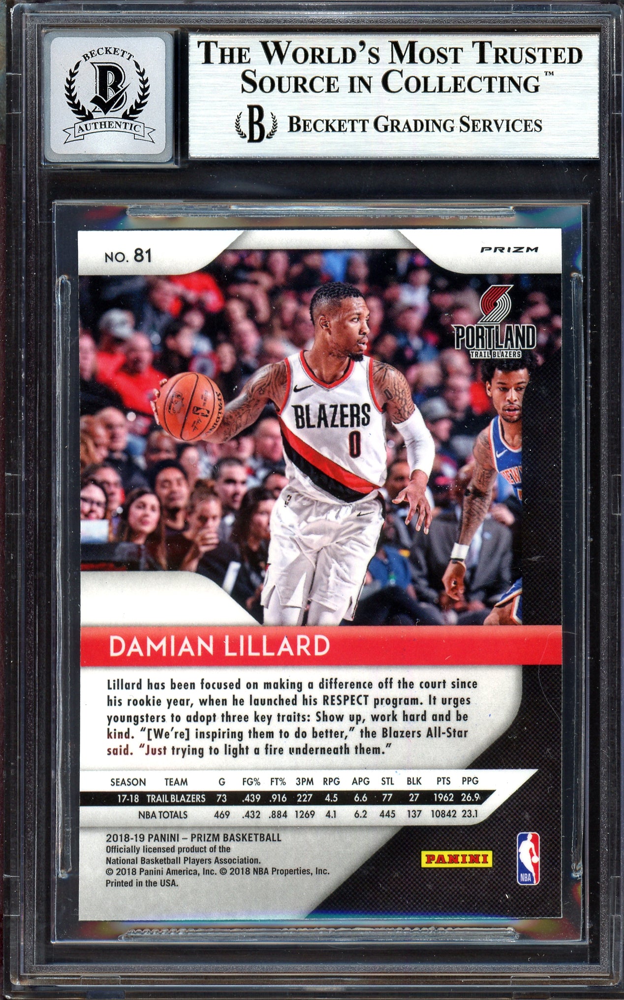 Damian Lillard Autographed 2018-19 Panini Prizm Green Card #81 Portland Trail Blazers Auto Grade Gem Mint 10 Beckett BAS Stock #199601
