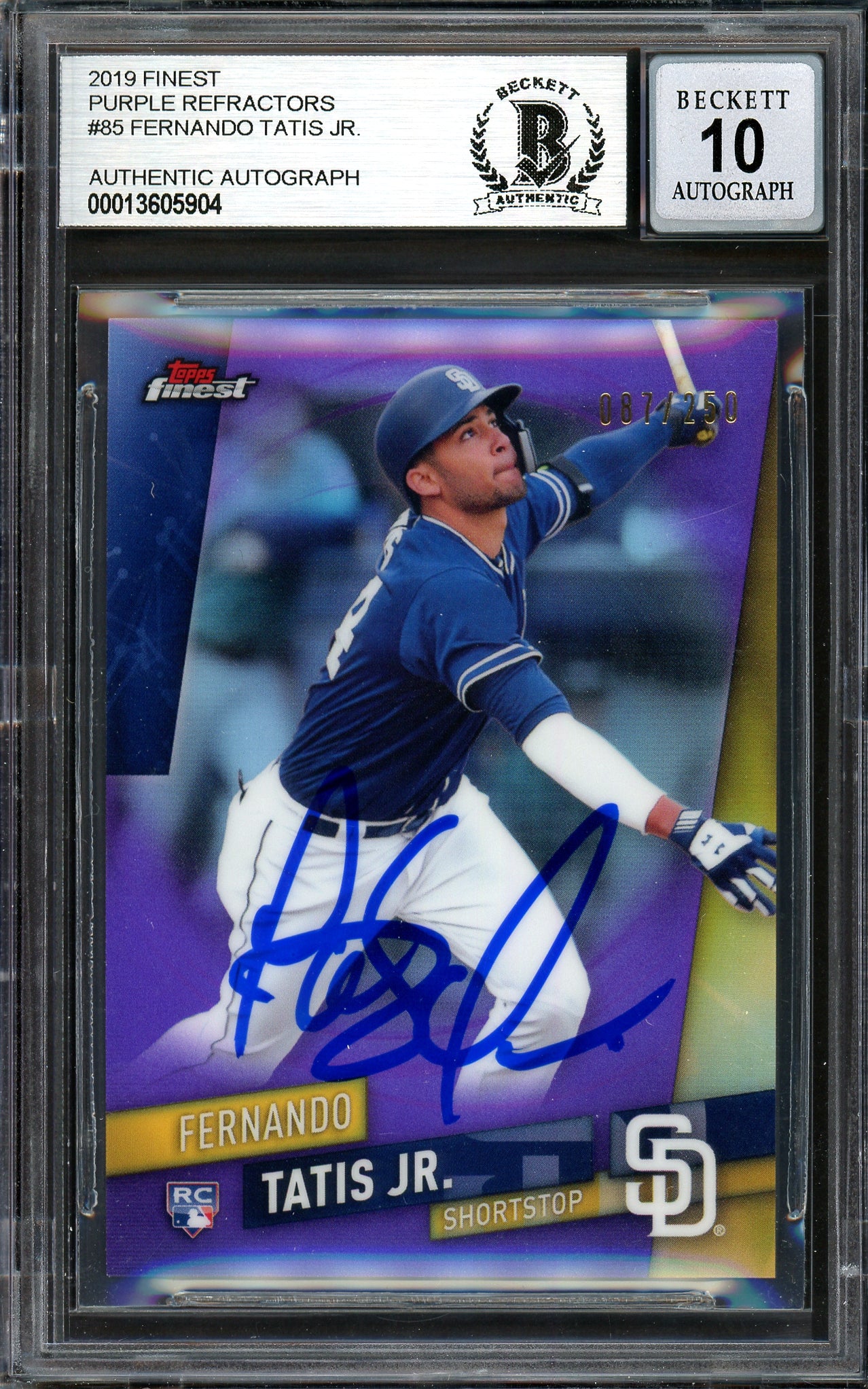 Fernando Tatis Jr. Autographed 2019 Topps Finest Purple Refractor Rookie Card #85 San Diego Padres Auto Grade Gem Mint 10 #87/250 Beckett BAS #13605904