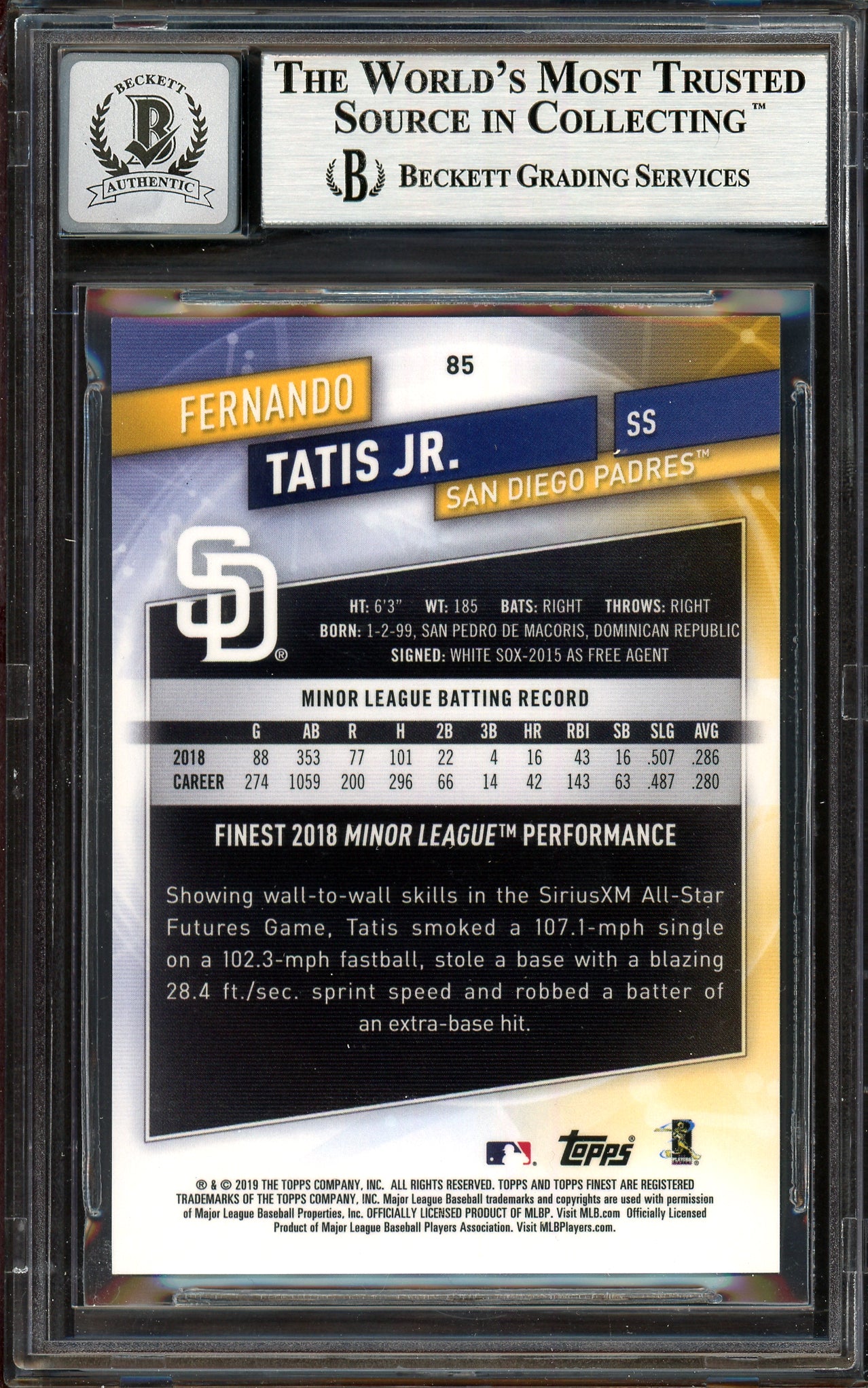 Fernando Tatis Jr. Autographed 2019 Topps Finest Purple Refractor Rookie Card #85 San Diego Padres Auto Grade Gem Mint 10 #87/250 Beckett BAS #13605904