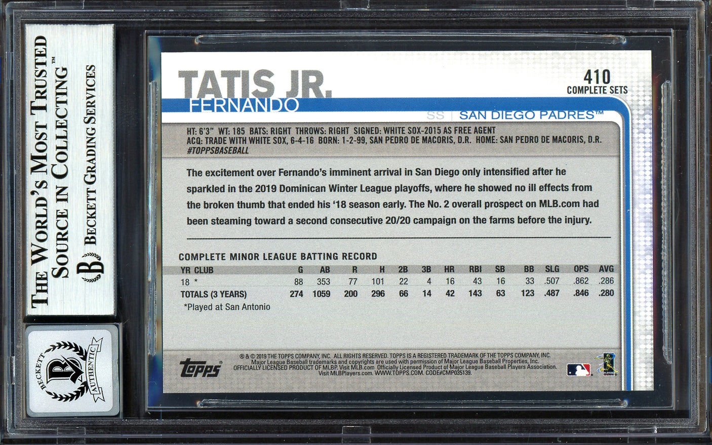 Fernando Tatis Jr. Autographed 2019 Topps Complete Set Rookie Card #410 San Diego Padres Auto Grade Gem Mint 10 Beckett BAS #13606468