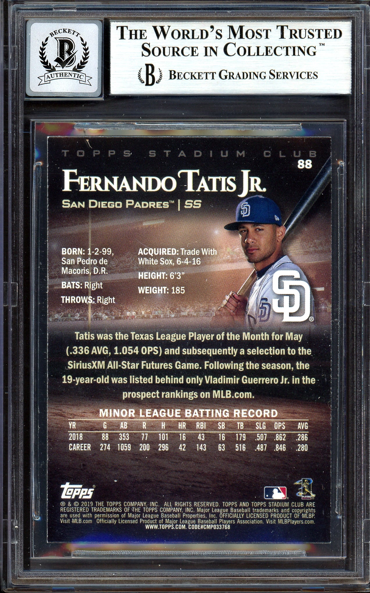 Fernando Tatis Jr. Autographed 2019 Stadium Club Red Rookie Card #88 San Diego Padres Auto Grade Gem Mint 10 Beckett BAS #13606470