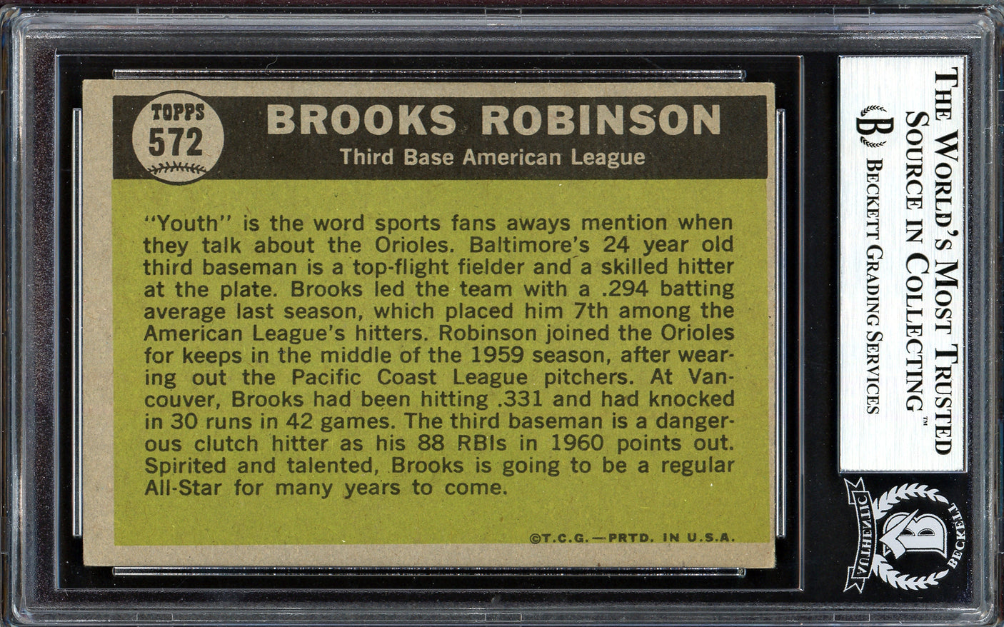 Brooks Robinson Autographed 1961 Topps Card #572 Baltimore Orioles All-Star Beckett BAS #13608810