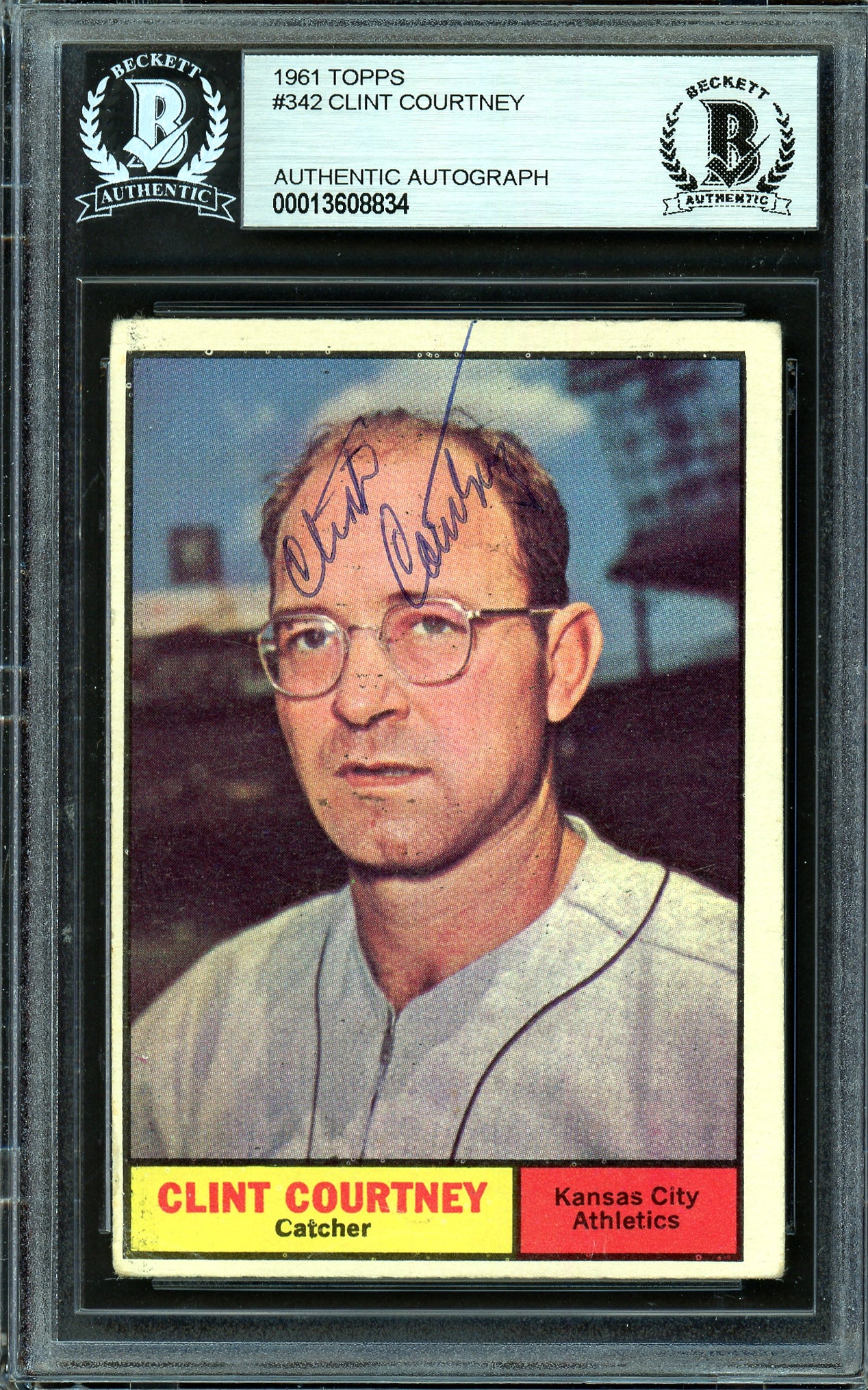 Clint Courtney Autographed 1961 Topps Card #342 Kansas City A's Beckett BAS #13608834