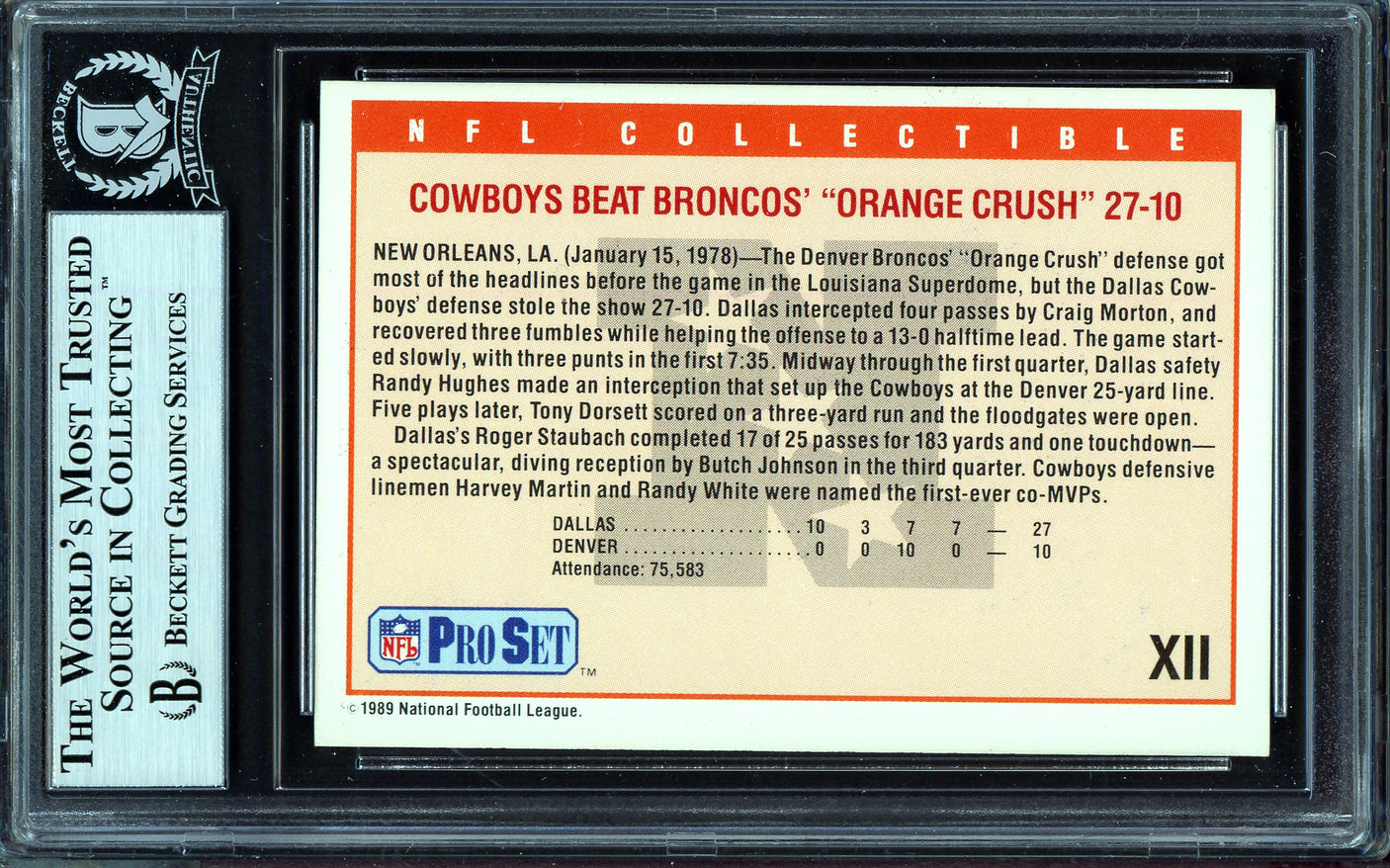 Tom Landry Autographed 1989 Pro Set Card #XII Dallas Cowboys Super Bowl XII Beckett BAS #13609044