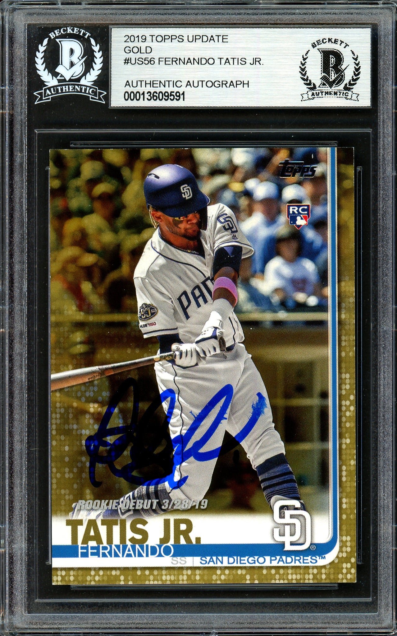 Fernando Tatis Jr. Autographed 2019 Topps Update Gold Rookie Card #US56 San Diego Padres #773/2019 (Smudged) Beckett BAS #13609591