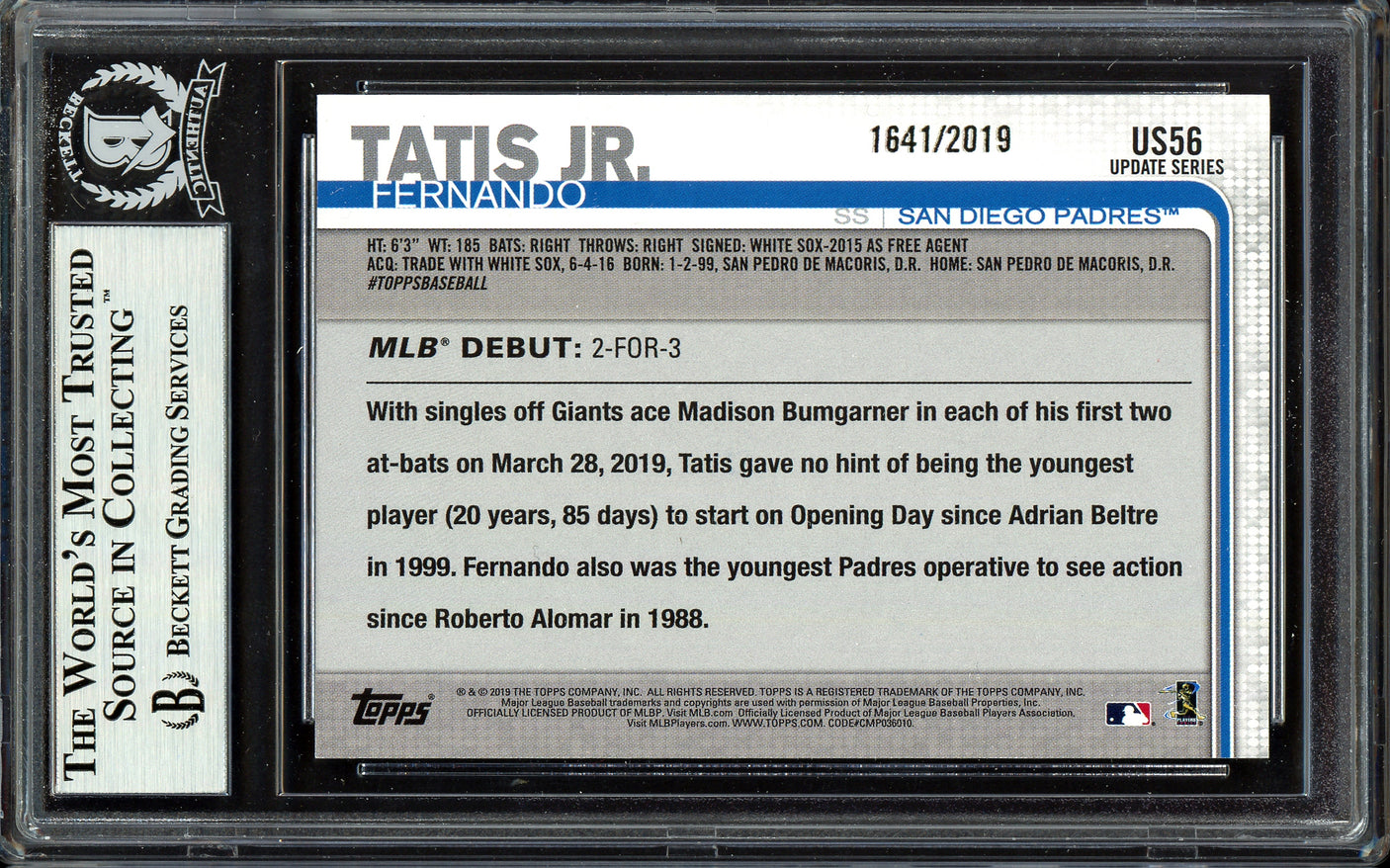 Fernando Tatis Jr. Autographed 2019 Topps Update Gold Rookie Card #US56 San Diego Padres #1641/2019 (Smudged) Beckett BAS #13609593