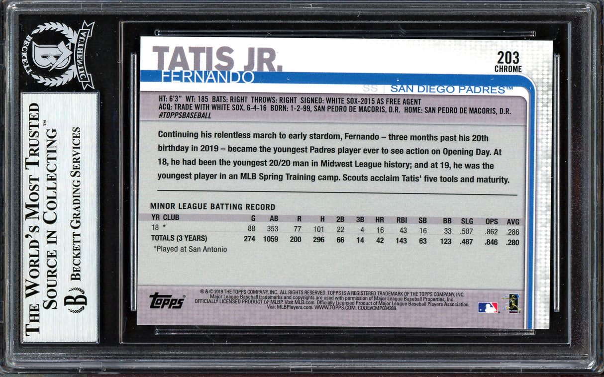 Fernando Tatis Jr. Autographed 2019 Topps Chrome Rookie Card #203 San Diego Padres (Bubbling) Beckett BAS #13609627