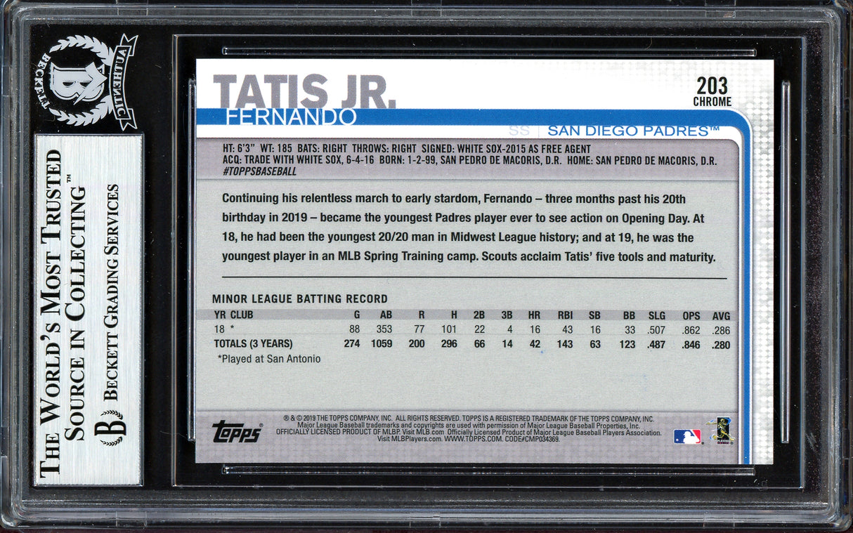 Fernando Tatis Jr. Autographed 2019 Topps Chrome Rookie Card #203 San Diego Padres (Bubbling) Beckett BAS #13609618
