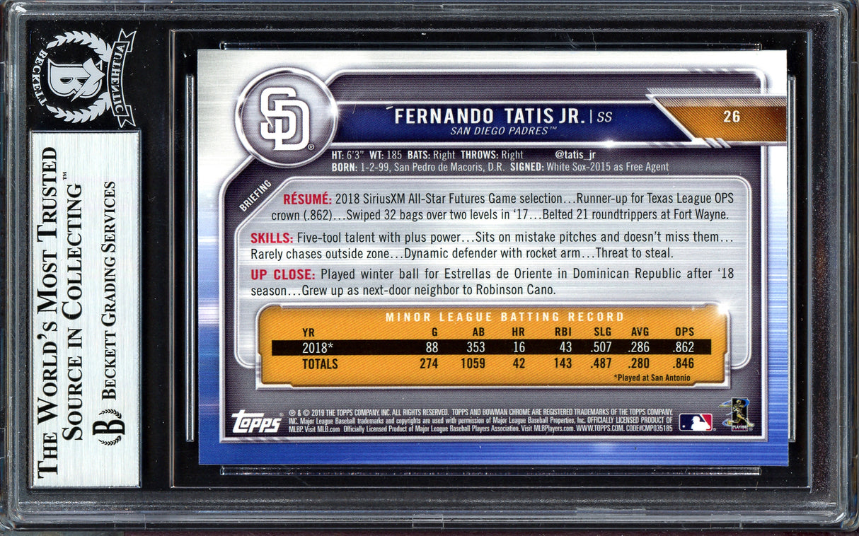 Fernando Tatis Jr. Autographed 2019 Bowman Chrome Rookie Card #26 San Diego Padres Beckett BAS #13609656
