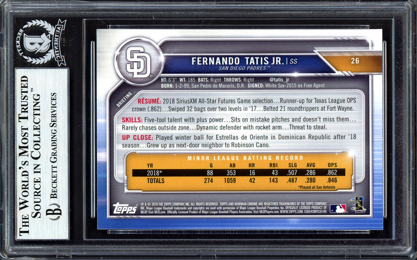 Fernando Tatis Jr. Autographed 2019 Bowman Chrome Rookie Card #26 San Diego Padres Beckett BAS #13609653