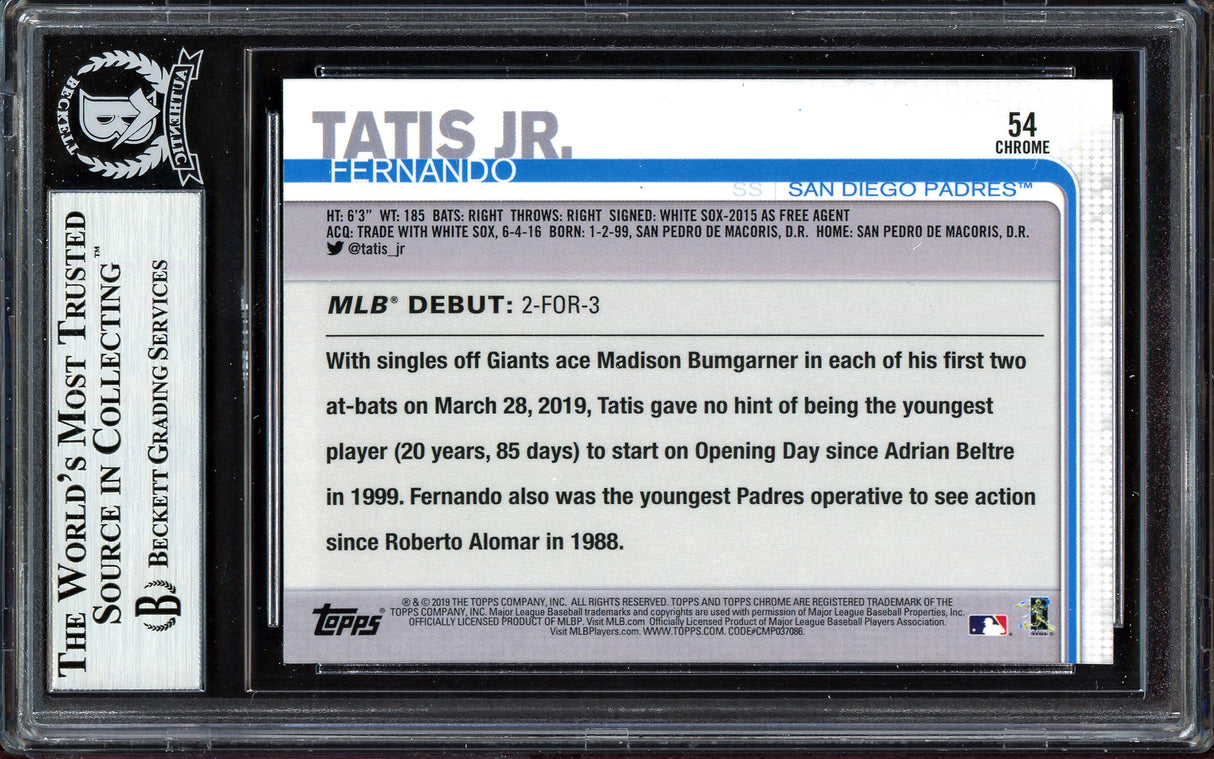 Fernando Tatis Jr. Autographed 2019 Topps Chrome Update Rookie Card #54 San Diego Padres Beckett BAS #13609661