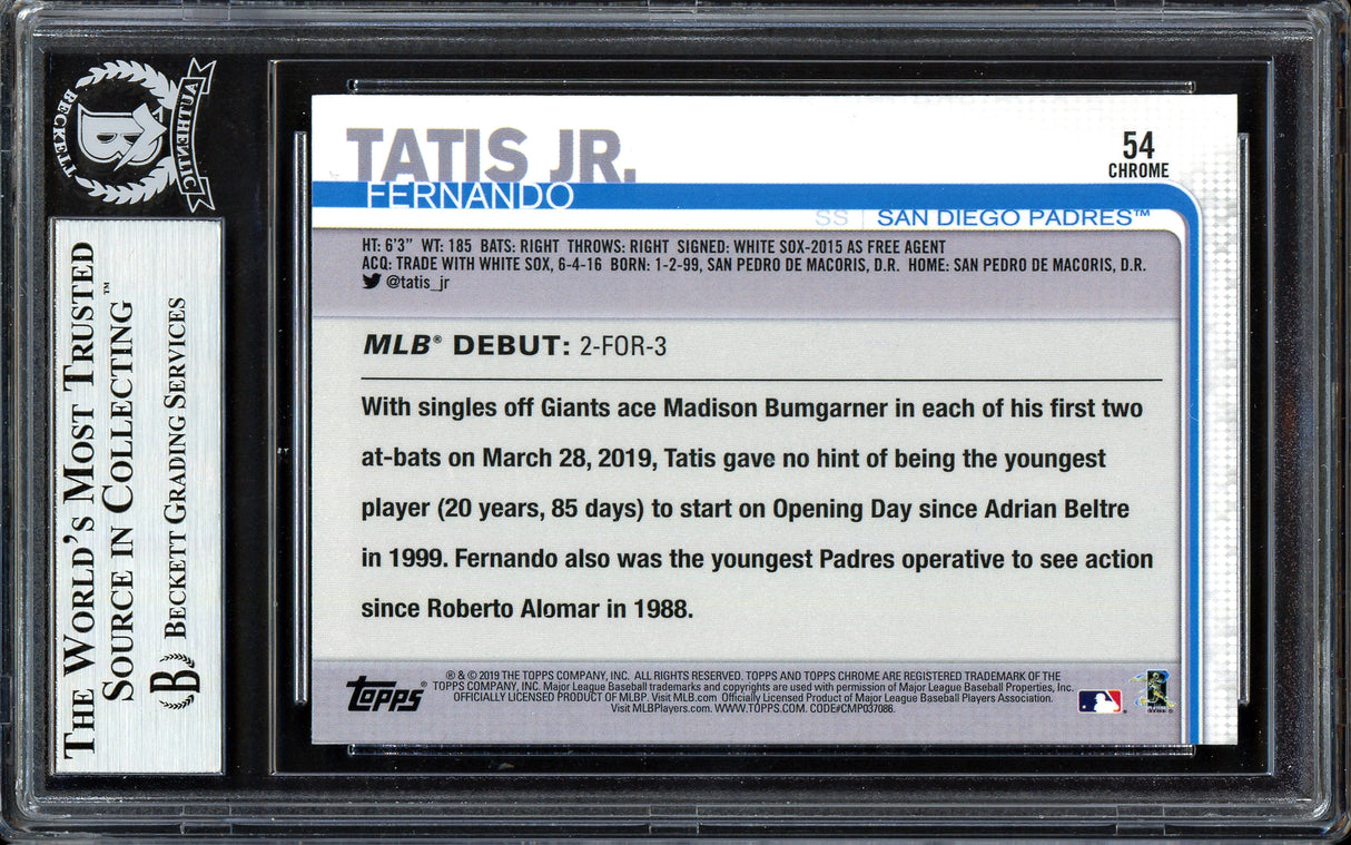 Fernando Tatis Jr. Autographed 2019 Topps Chrome Update Rookie Card #54 San Diego Padres Beckett BAS #13609658