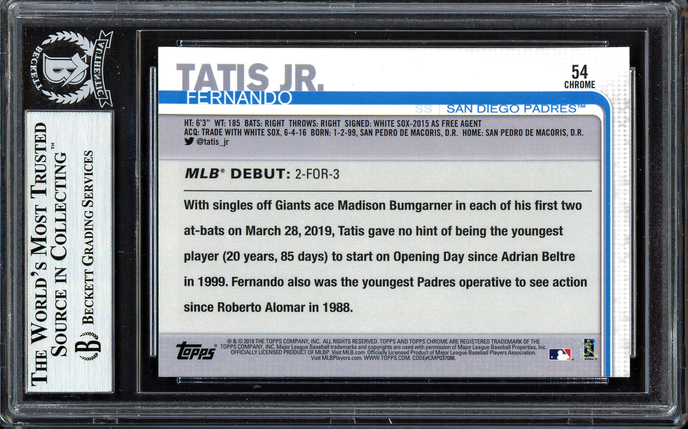 Fernando Tatis Jr. Autographed 2019 Topps Chrome Update Rookie Card #54 San Diego Padres (Bubbling) Beckett BAS #13609665