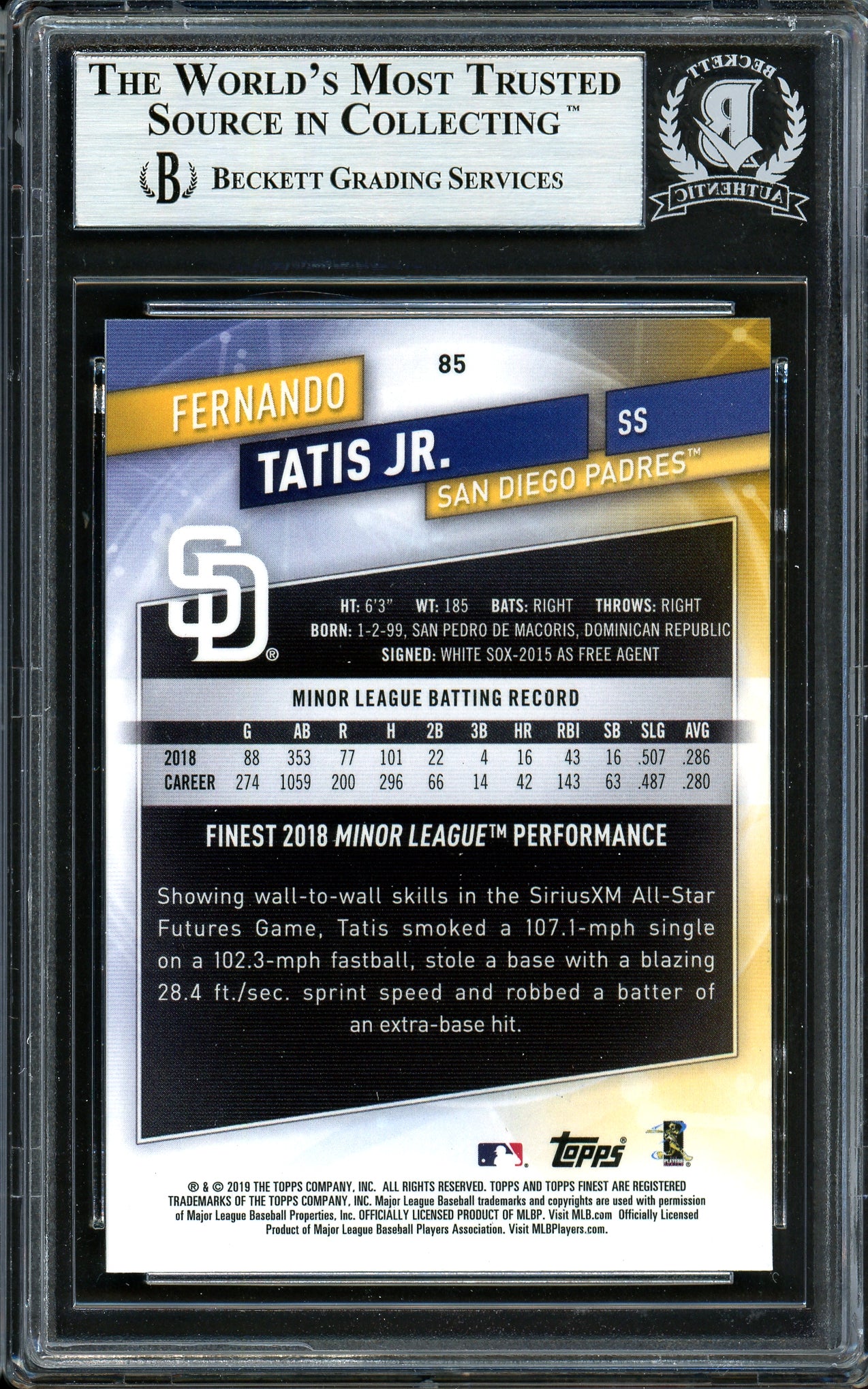 Fernando Tatis Jr. Autographed 2019 Topps Finest Rookie Card #85 San Diego Padres (Bubbling) Beckett BAS #13609742