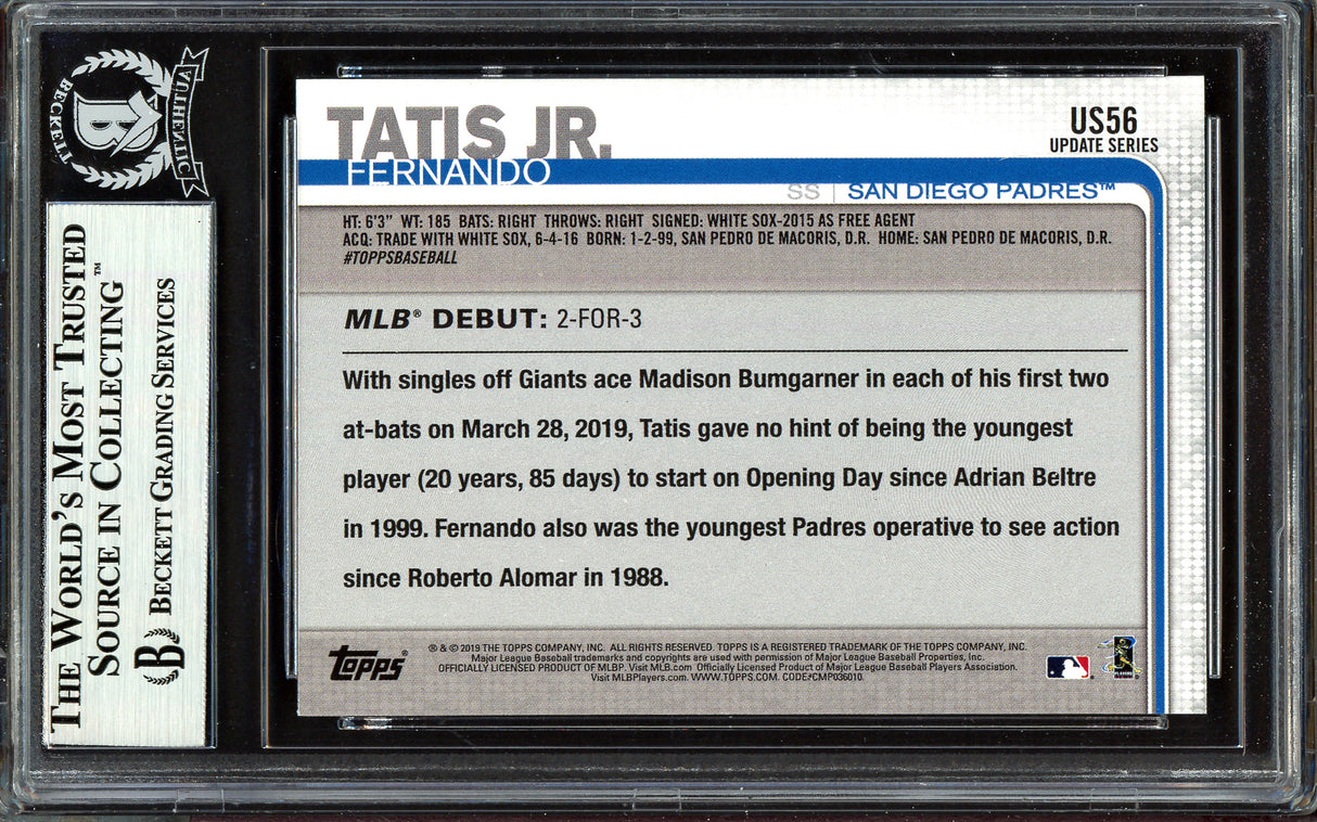 Fernando Tatis Jr. Autographed 2019 Topps Update Rookie Card #US56 San Diego Padres Beckett BAS #13609731