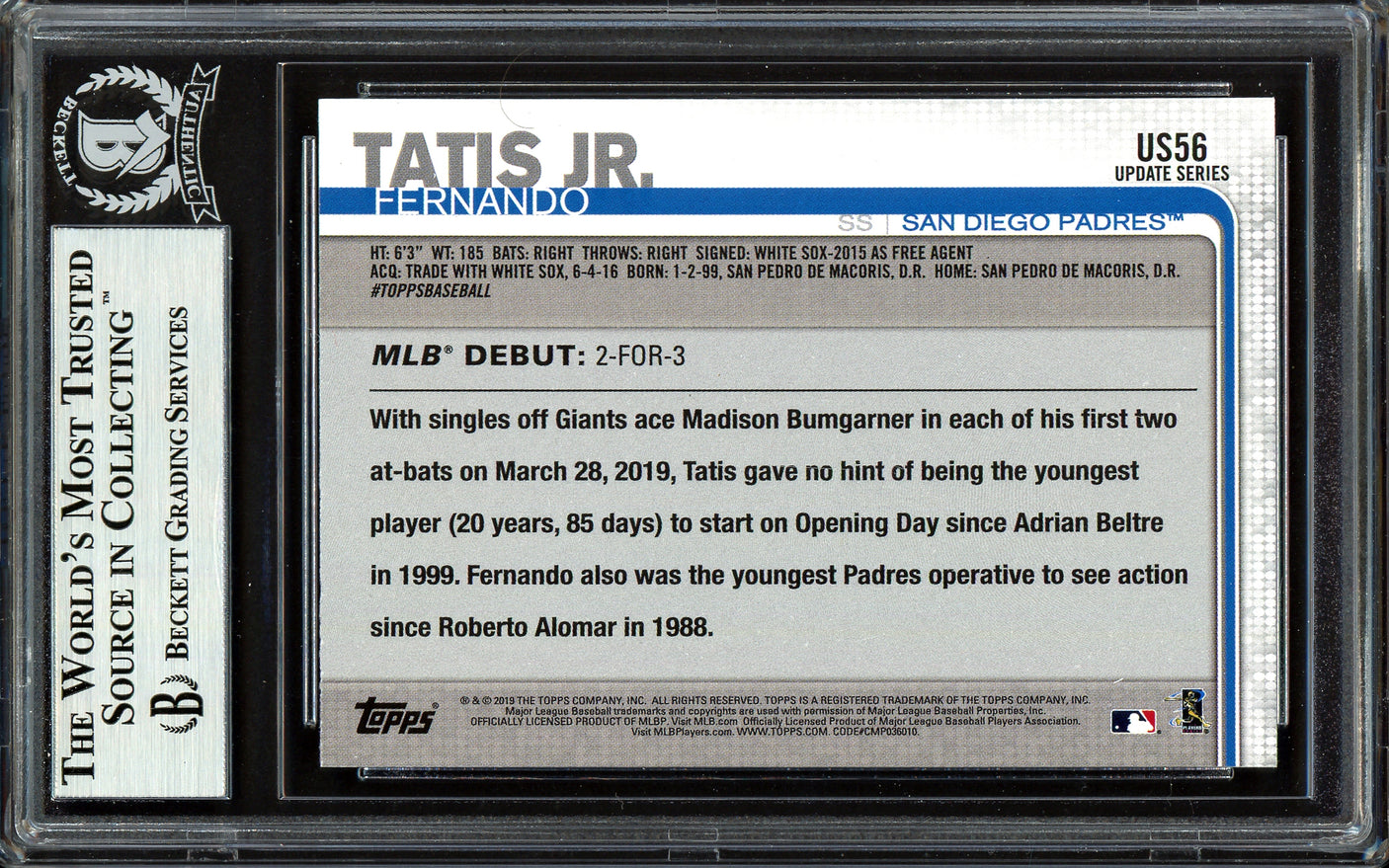 Fernando Tatis Jr. Autographed 2019 Topps Update Rookie Card #US56 San Diego Padres Beckett BAS #13609732