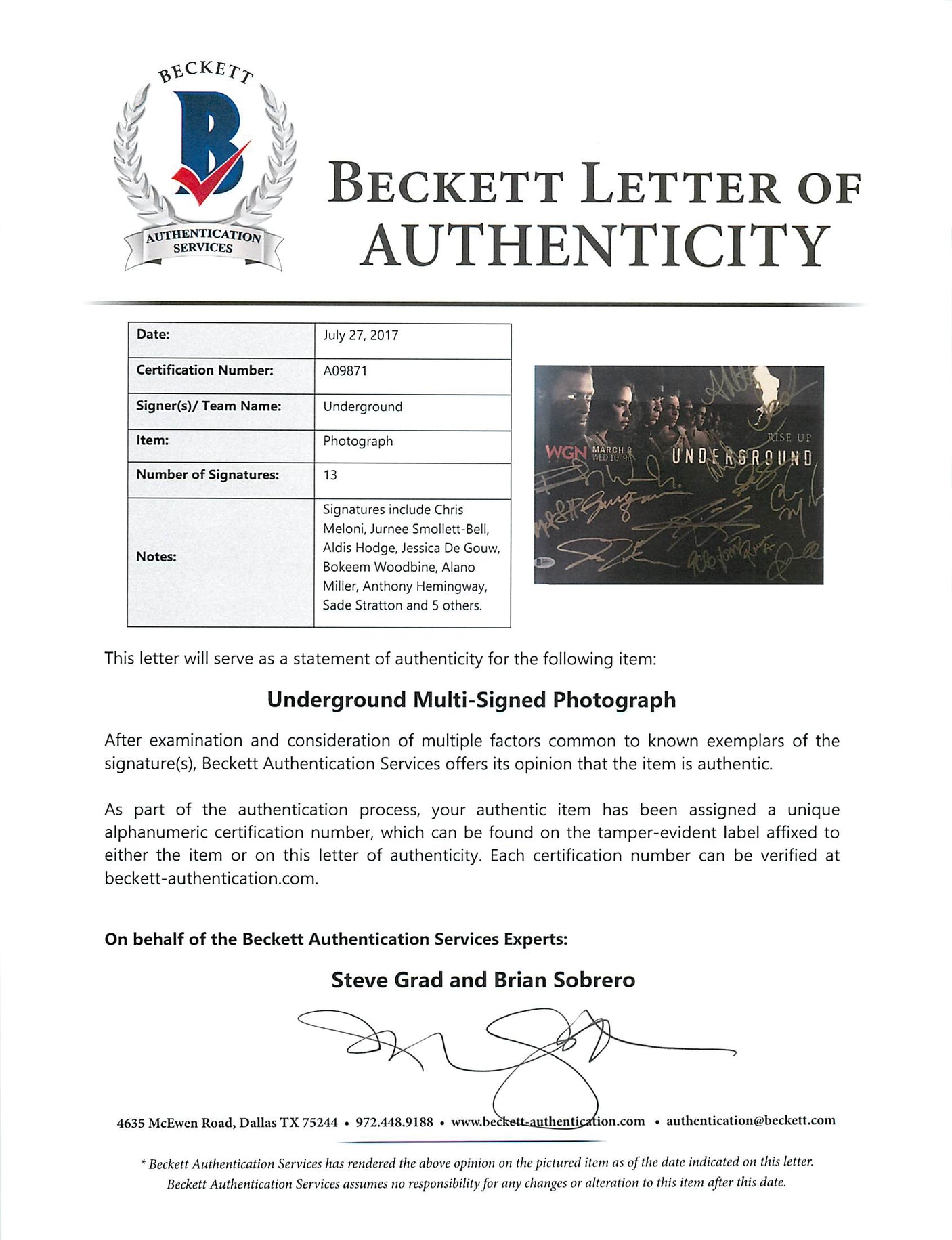 Underground (Chris Melony, Aldis Hodge +11) Signed 11X14 Photo BAS #A09871